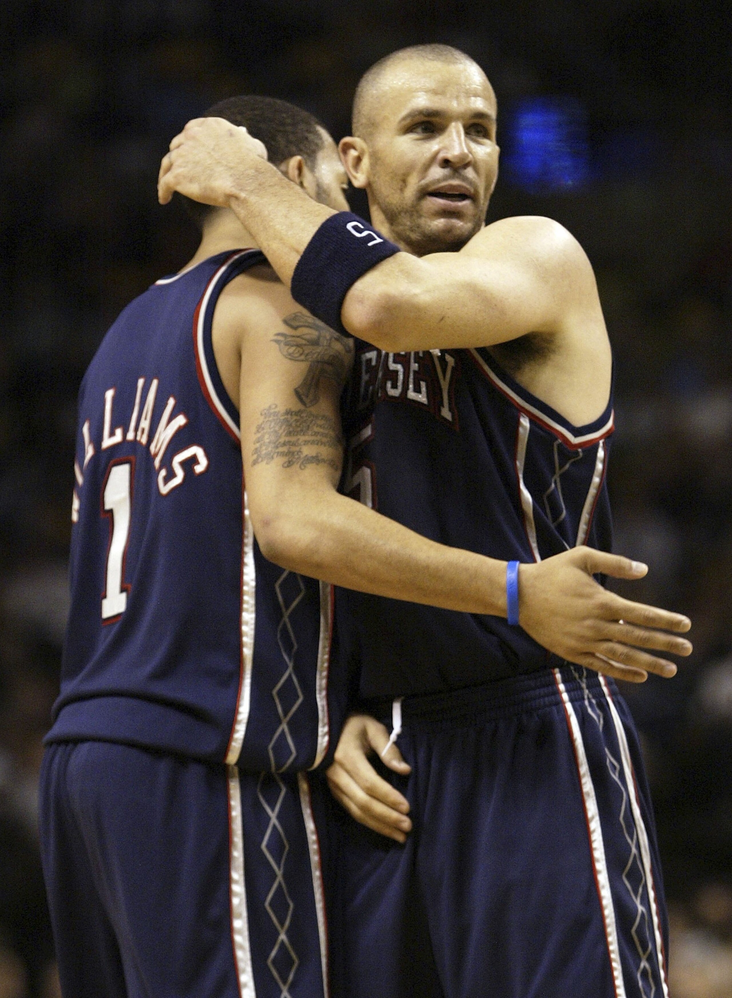 BOSTON - NOVEMBER 29:  Jason Kidd #5 and Marcus Williams #1 of the New Jersey Nets celebrate a foul called against the Boston Celtics in the final minutes November 29, 2006 at the TD Banknorth Garden in Boston, Massachusetts. The Nets defeated the Celtics
