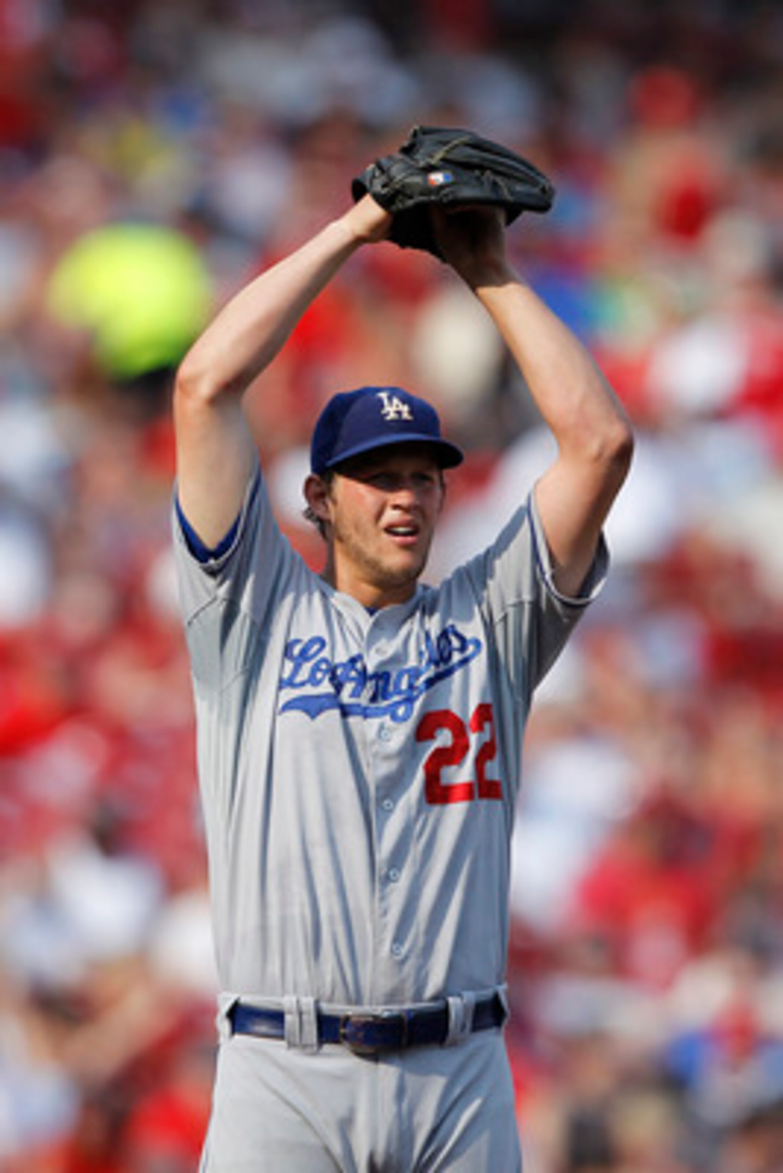 CINCINNATI, OH - JUNE 4: Clayton Kershaw #22 of the Los Angeles Dodgers gets set to pitch against the Cincinnati Reds at Great American Ball Park on June 4, 2011 in Cincinnati, Ohio. The Dodgers won 11-8 in eleven innings. (Photo by Joe Robbins/Getty Imag