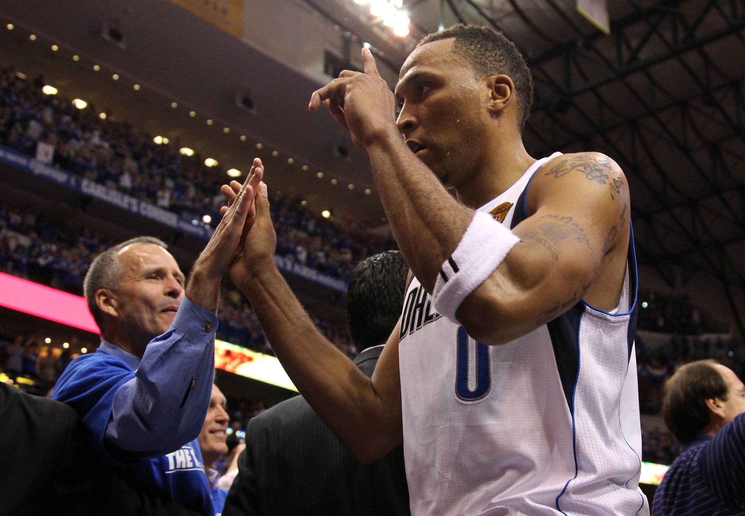 DALLAS, TX - JUNE 09:  Shawn Marion #0 of the Dallas Mavericks celebrates after the Mavericks defeated the Miami Heat 112-103 in Game Five of the 2011 NBA Finals at American Airlines Center on June 9, 2011 in Dallas, Texas.  NOTE TO USER: User expressly a