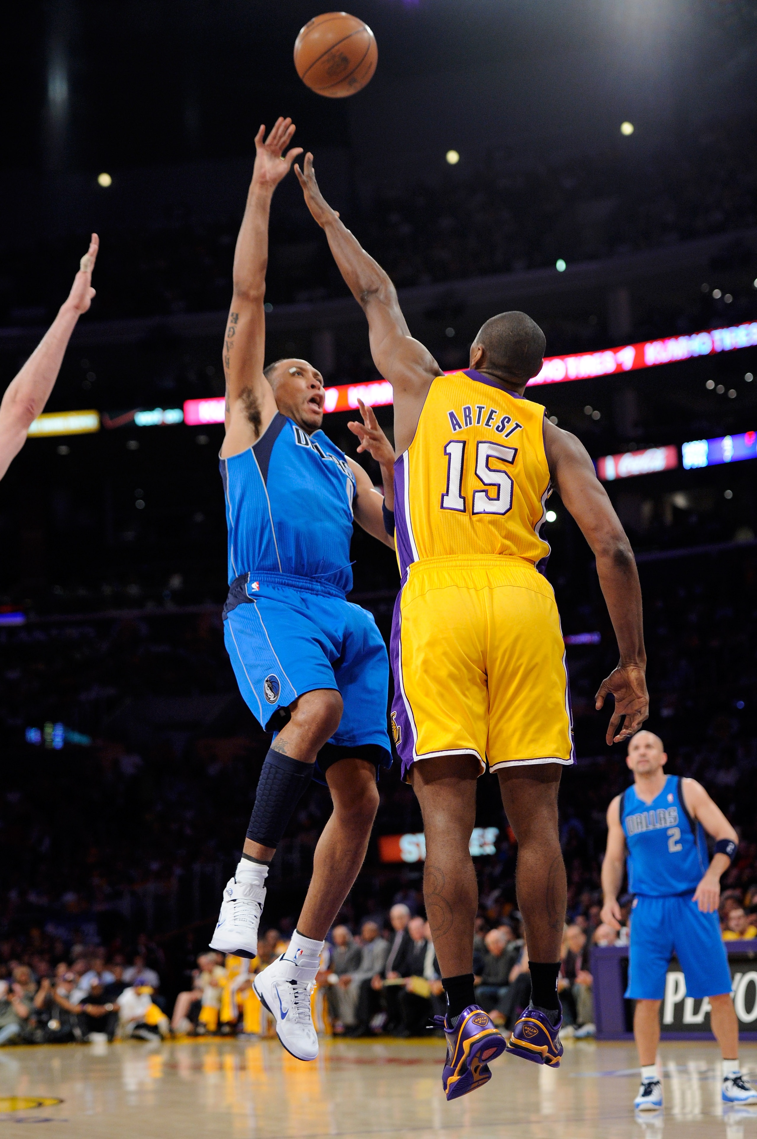 LOS ANGELES, CA - MAY 04:  Shawn Marion #0 of the Dallas Mavericks shoots over Ron Artest #15 of the Los Angeles Lakers in the first quarter in Game Two of the Western Conference Semifinals in the 2011 NBA Playoffs at Staples Center on May 4, 2011 in Los