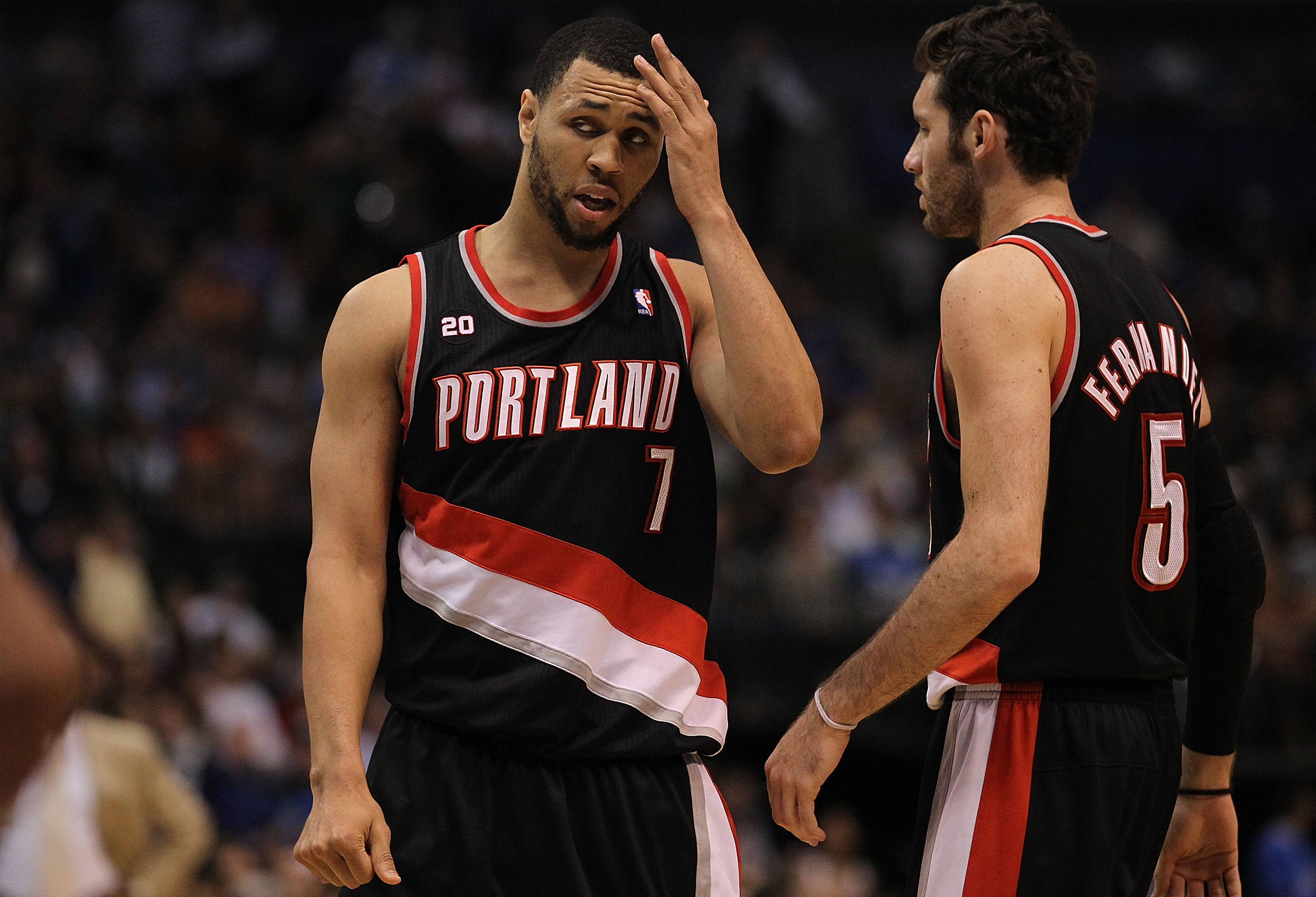 DALLAS, TX - APRIL 25:  (L-R) Brandon Roy #7 and Rudy Fernandez #5 of the Portland Trail Blazers in Game Five of the Western Conference Quarterfinals during the 2011 NBA Playoffs on April 25, 2011 at American Airlines Center in Dallas, Texas.  NOTE TO USE