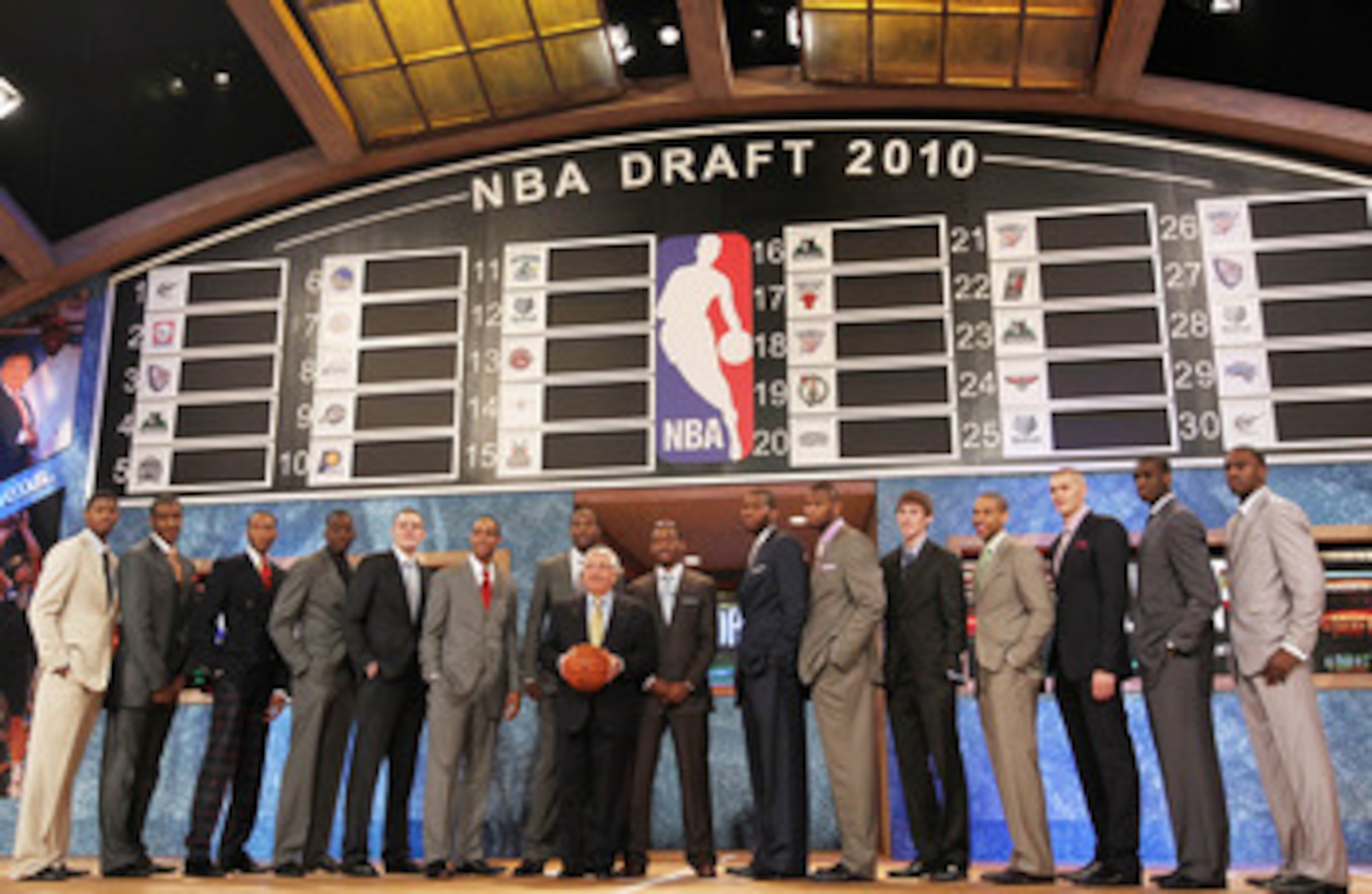 NEW YORK - JUNE 24:  NBA Draft prospects stand with NBA Commisioner David Stern prior to the NBA Draft at Madison Square Garden on June 24, 2010 in New York City. NOTE TO USER: User expressly acknowledges and agrees that, by downloading and or using this