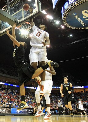 TULSA, OK - MARCH 18:  Tristan Thompson #13 of the Texas Longhorns blocks a shot by Drew Valentine #15 of the Oakland Golden Grizzlies during the second round game of the 2011 NCAA men's basketball tournament at BOK Center on March 18, 2011 in Tulsa, Okla