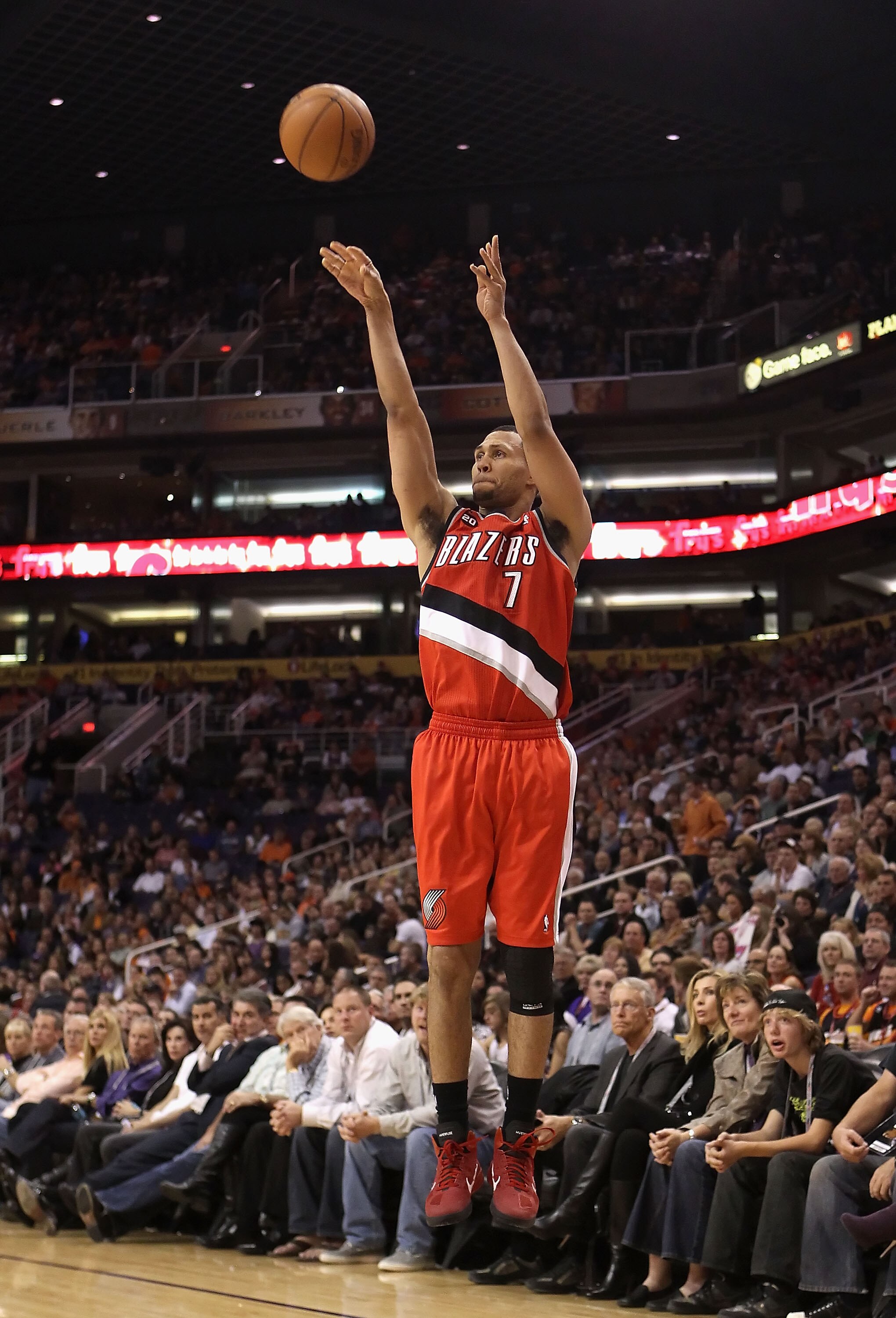 PHOENIX - DECEMBER 10:  Brandon Roy #7 of the Portland Trail Blazers puts up a three point shot during the NBA game against the Phoenix Suns at US Airways Center on December 10, 2010 in Phoenix, Arizona. The Trail Blazers defeated the Suns 101-94. NOTE TO