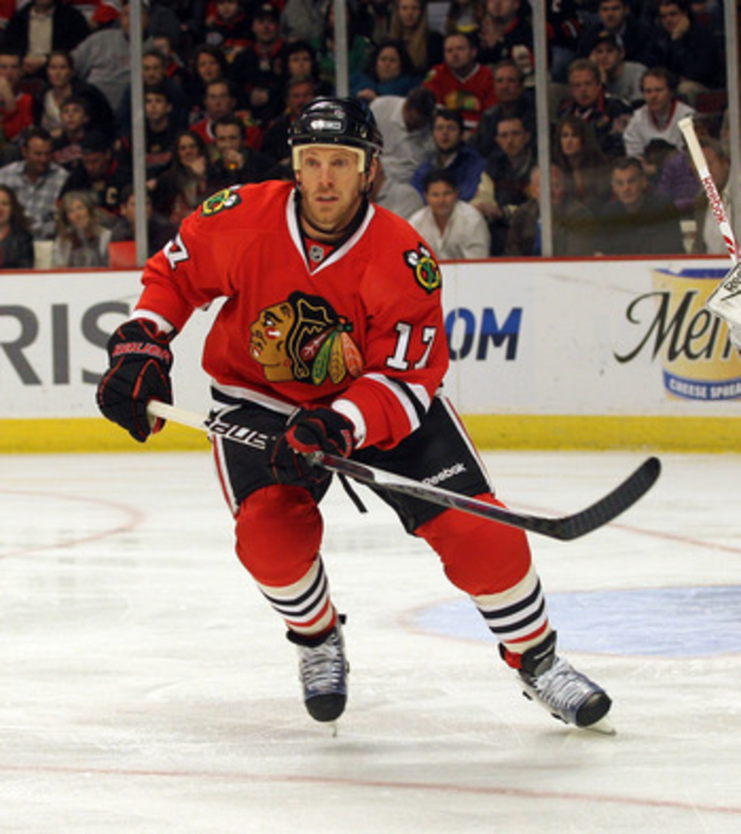 CHICAGO, IL - MARCH 23:  Ryan Johnson #17 of the Chicago Blackhawks skates against the Florida Panthers at the United Center on March 23, 2011 in Chicago, Illinois. The Blackhawks defeated the Panthers 4-0.  (Photo by Bruce Bennett/Getty Images)
