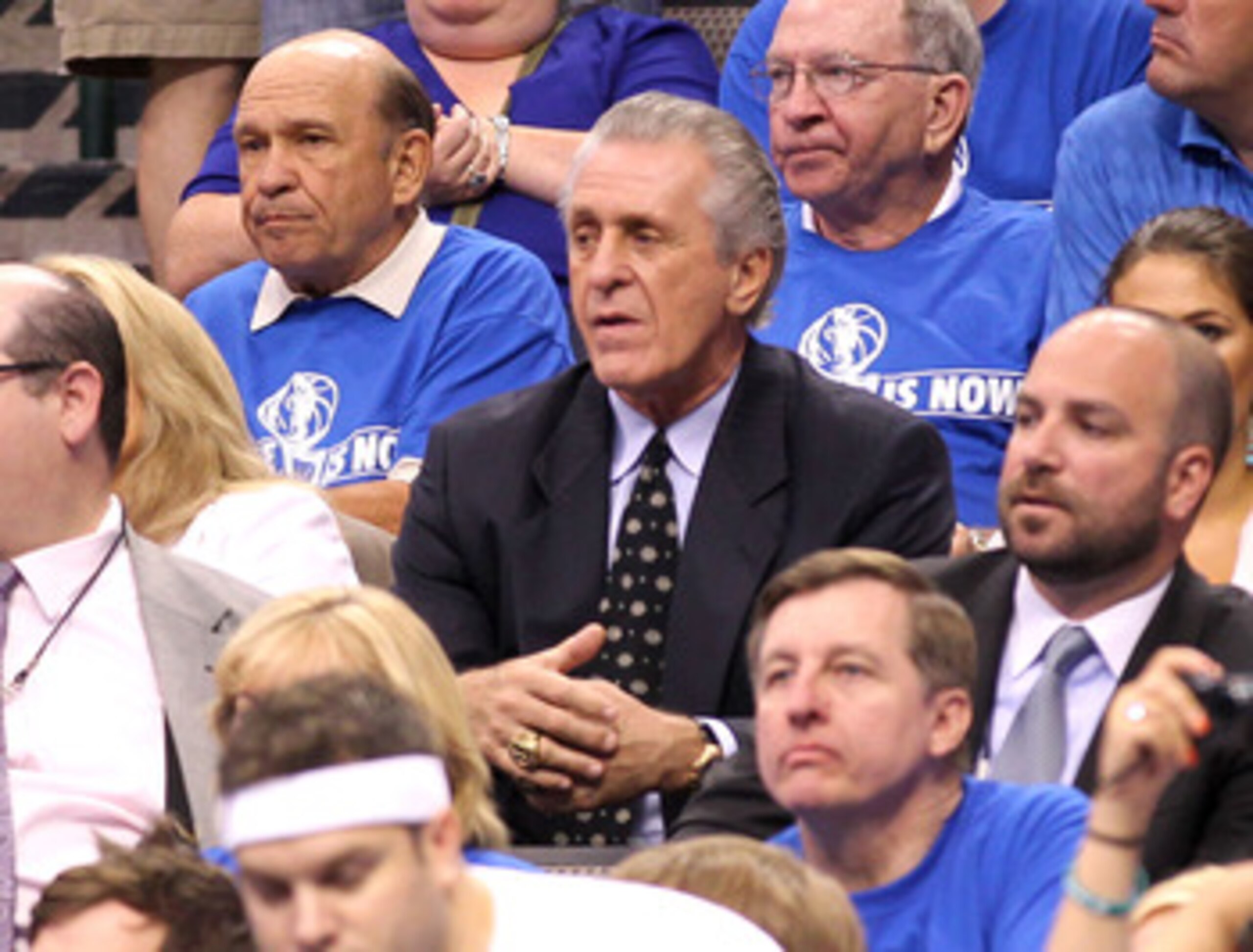DALLAS, TX - JUNE 05:  Team President Pat Riley of the Miami Heat watches from the stands as the Heat play against the Dallas Mavericks in Game Three of the 2011 NBA Finals at American Airlines Center on June 5, 2011 in Dallas, Texas.  NOTE TO USER: User