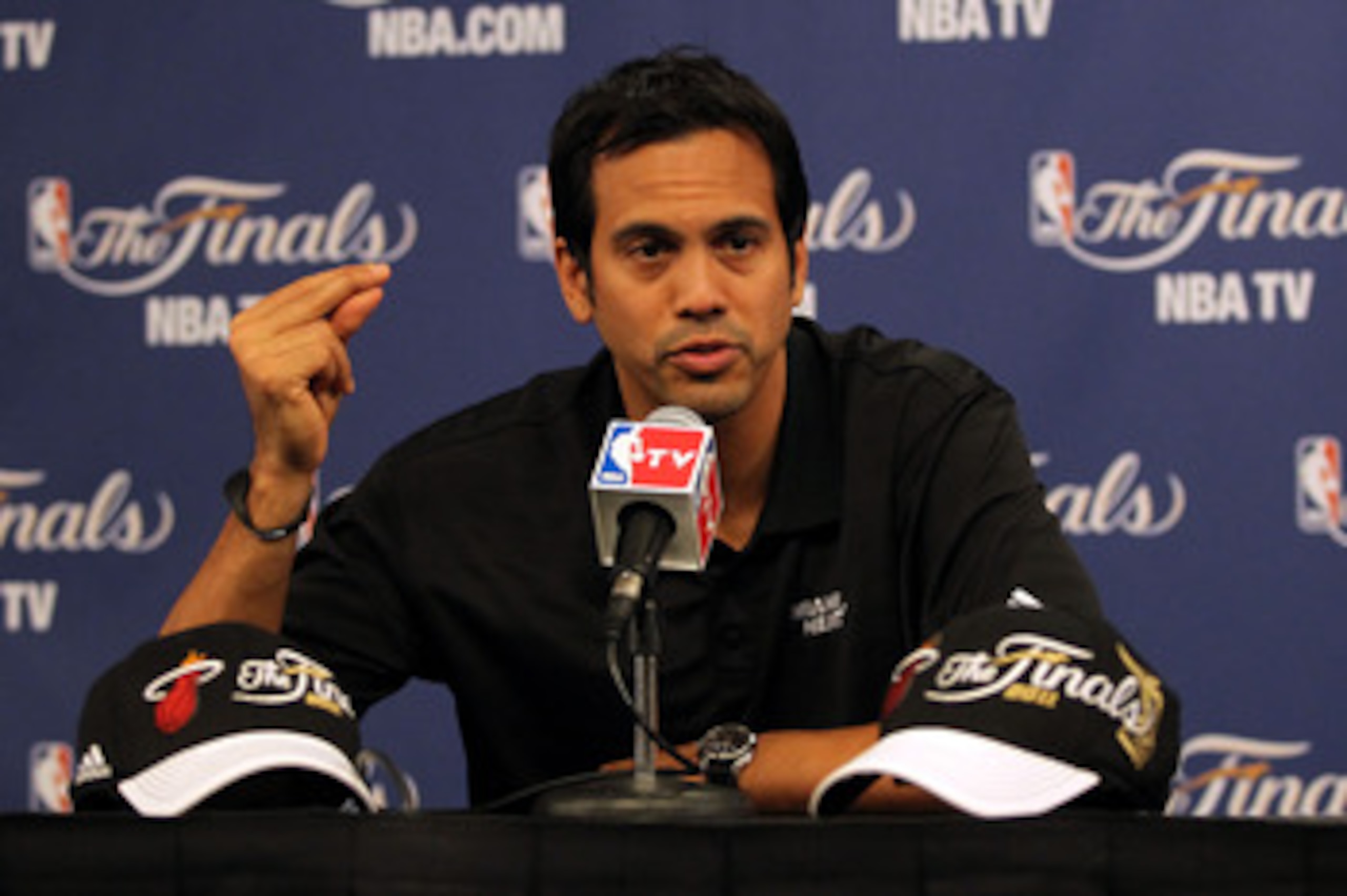DALLAS, TX - JUNE 04:  Head coach Erik Spoelstra of the Miami Heat answers questions from the press at a media availablity session prior to Game 3 of the 2011 NBA Finals at the American Airlines Center on June 4, 2011 in Dallas, Texas. NOTE TO USER: User