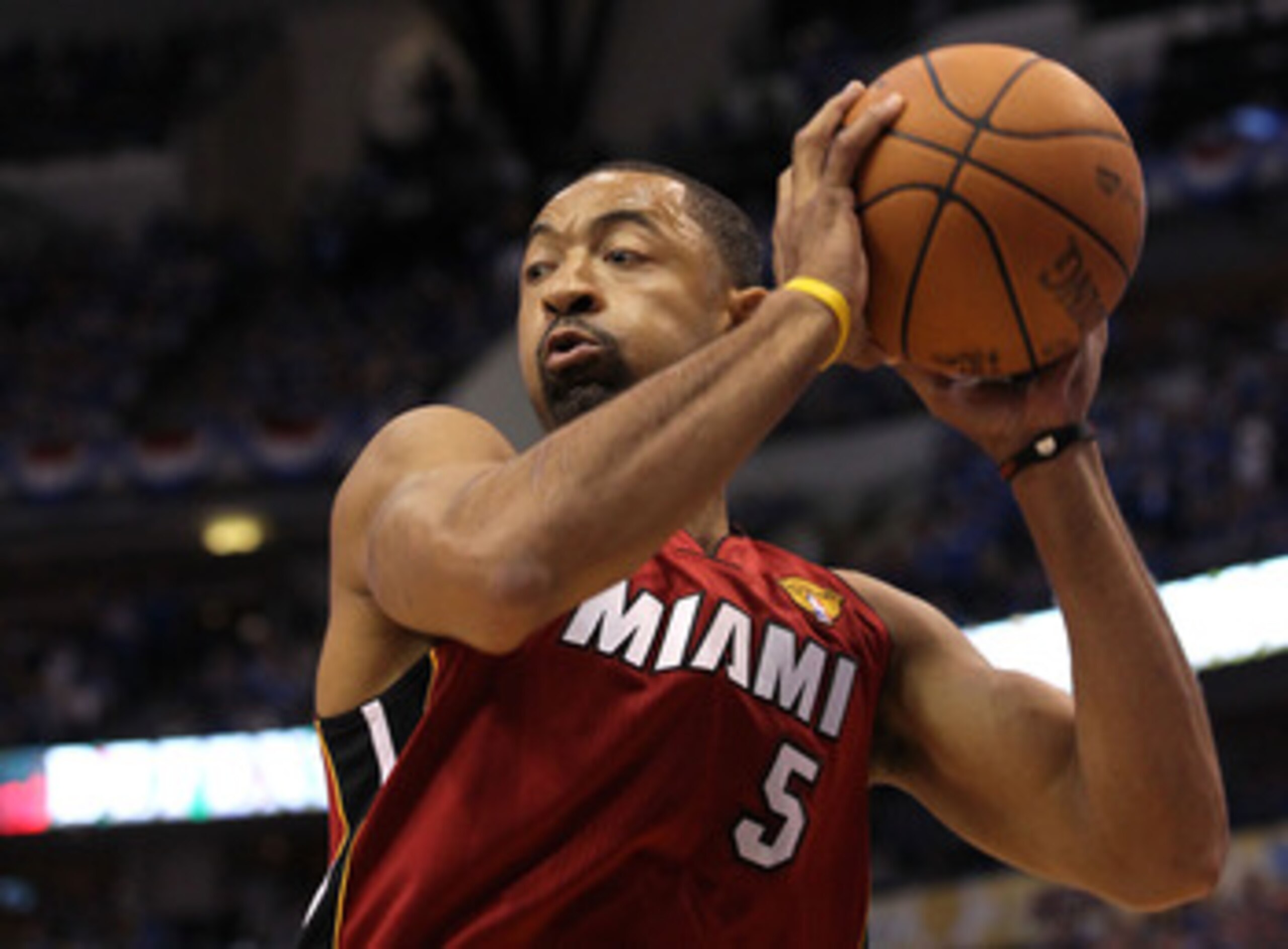 DALLAS, TX - JUNE 05:  Juwan Howard #5 of the Miami Heat with the ball while taking on the Dallas Mavericks in Game Three of the 2011 NBA Finals at American Airlines Center on June 5, 2011 in Dallas, Texas.  NOTE TO USER: User expressly acknowledges and a