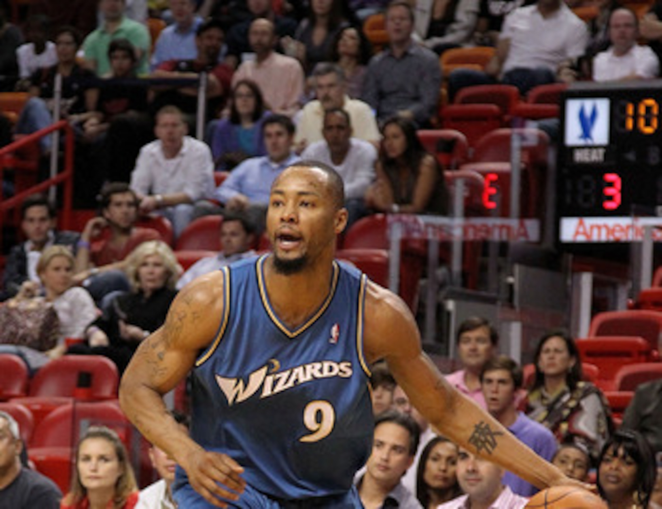 MIAMI, FL - FEBRUARY 25:  Rashard Lewis #9 of the  Washington Wizards handles the ball against the Miami Heat  at American Airlines Arena on February 25, 2011 in Miami, Florida. NOTE TO USER: User expressly acknowledges and agrees that, by downloading and