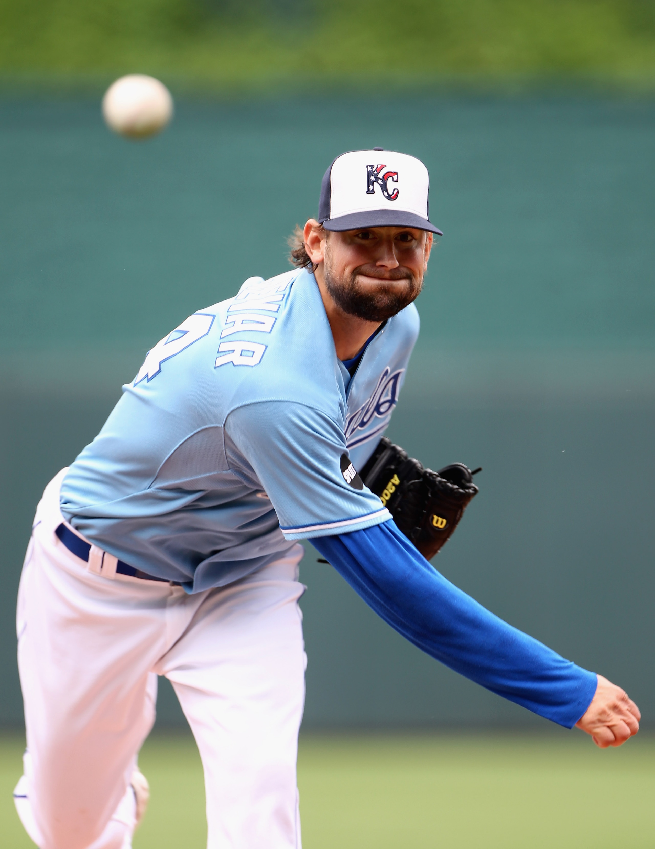 KANSAS CITY, MO - MAY 30:  Starting pitcher Luke Hochevar #44  of the Kansas City Royals warms up just prior to the start of the game against the Los Angeles Angels of Anaheim on May 30, 2011 at Kauffman Stadium in Kansas City, Missouri.  (Photo by Jamie