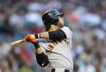 PHOENIX, AZ - JUNE 14:  Brandon Crawford #35 of the San Francisco Giants bats against the Arizona Diamondbacks during the Major League Baseball game at Chase Field on June 14, 2011 in Phoenix, Arizona.  (Photo by Christian Petersen/Getty Images)