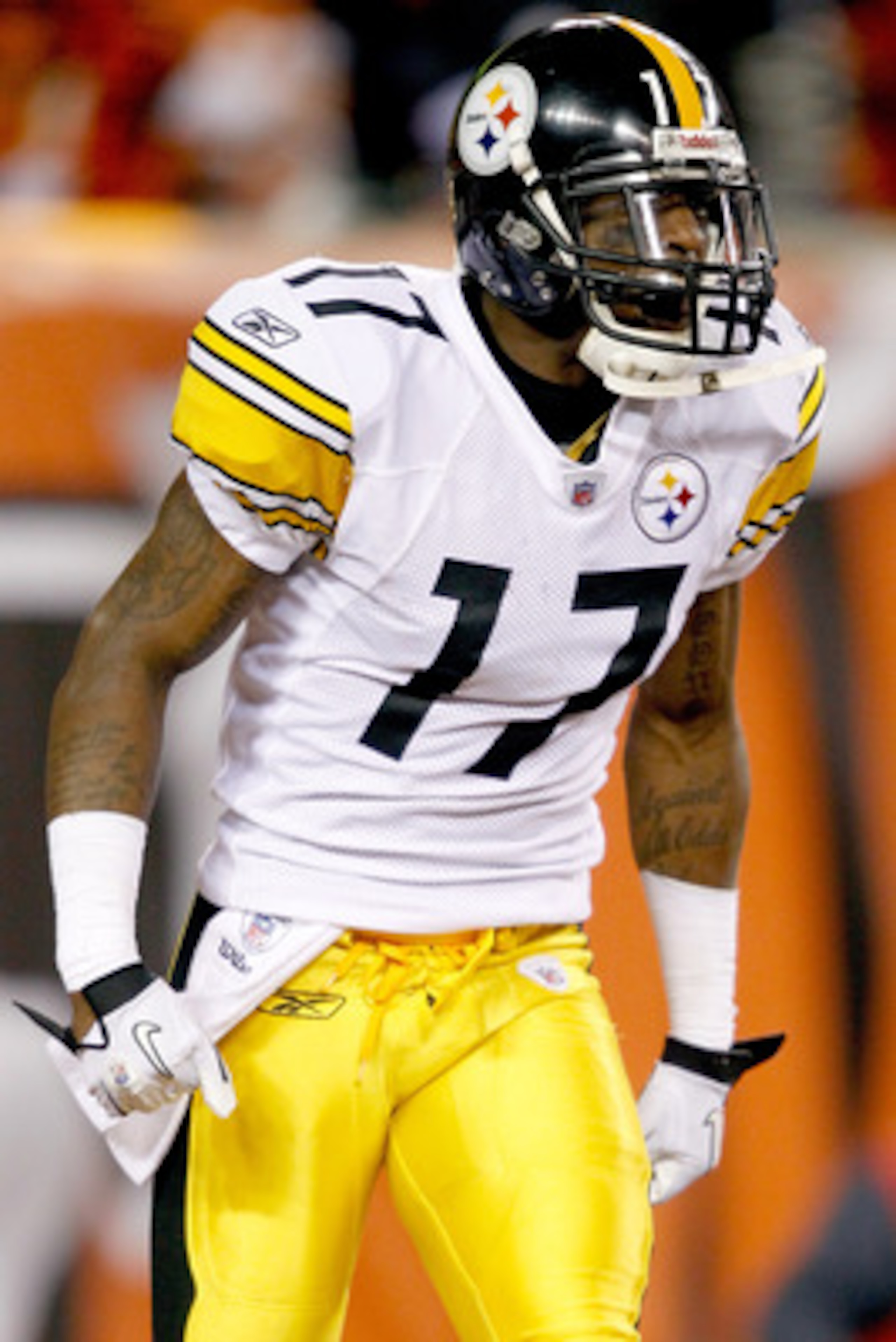CINCINNATI - NOVEMBER 08:  Mike Wallace #17 of the Pittsburgh Steelers  celebrates after scoring a touchdown against the Cincinnati Bengals at Paul Brown Stadium on November 8, 2010 in Cincinnati, Ohio.  (Photo by Matthew Stockman/Getty Images)