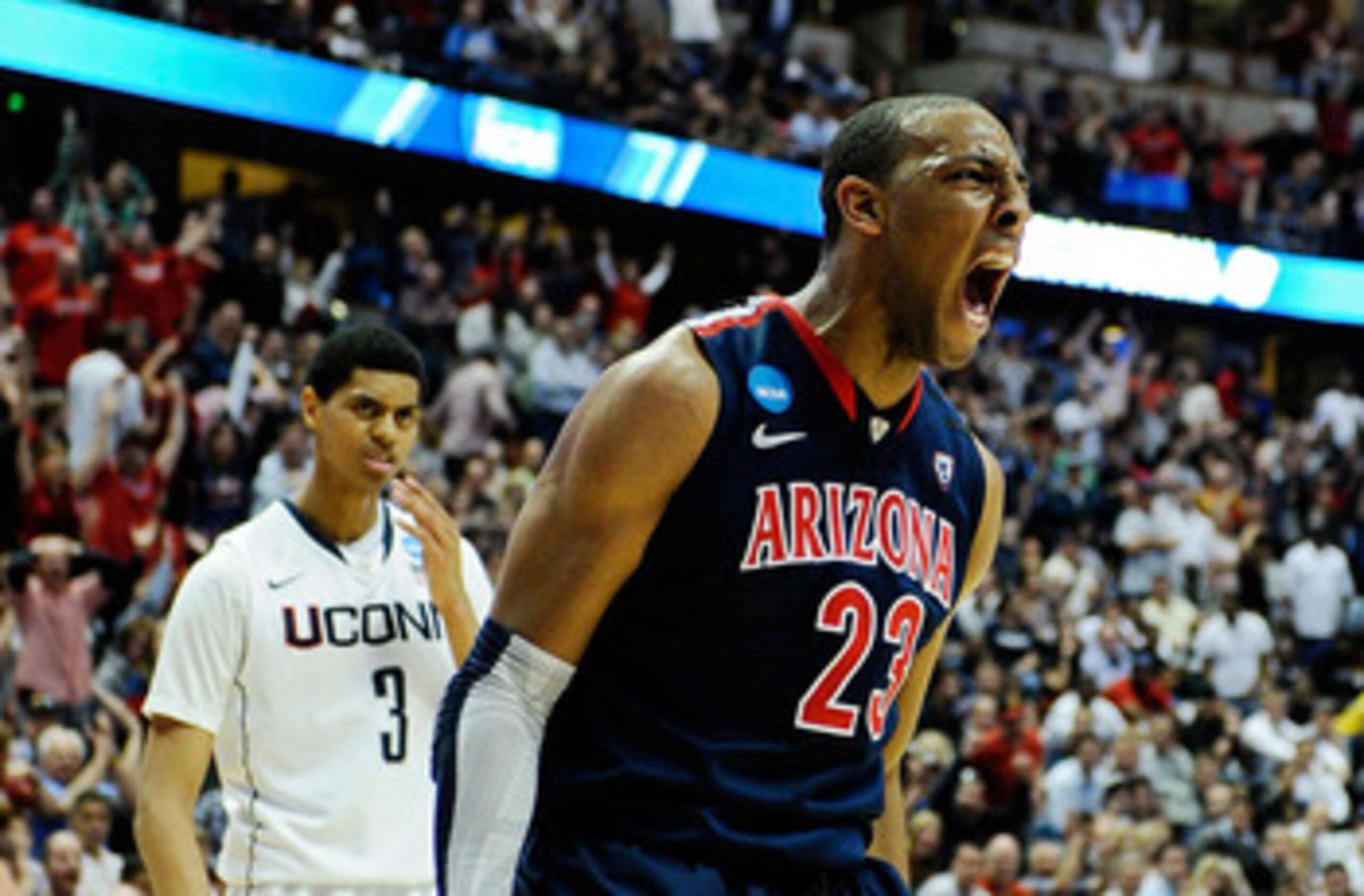 ANAHEIM, CA - MARCH 26:  Derrick Williams #23 of the Arizona Wildcats reacts after a dunk against of the Connecticut Huskies during the west regional final of the 2011 NCAA men's basketball tournament at the Honda Center on March 26, 2011 in Anaheim, Cali