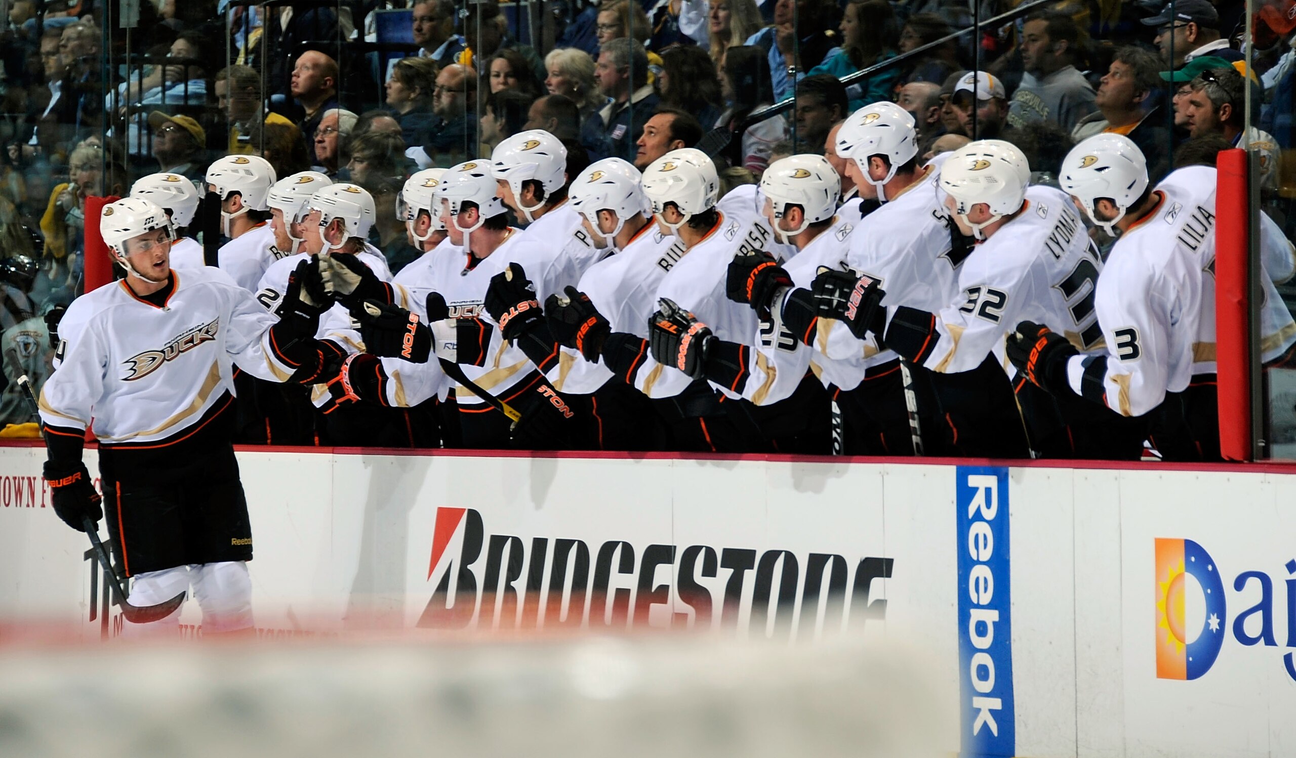 NASHVILLE, TN - APRIL 20:  Cam Fowler #4 of the Anaheim Ducks celebrates a goal with teammates against the Nashville Predators in Game Four of the Western Conference Quarterfinals during the 2011 NHL Stanley Cup Playoffs at Bridgestone Arena on April 20,