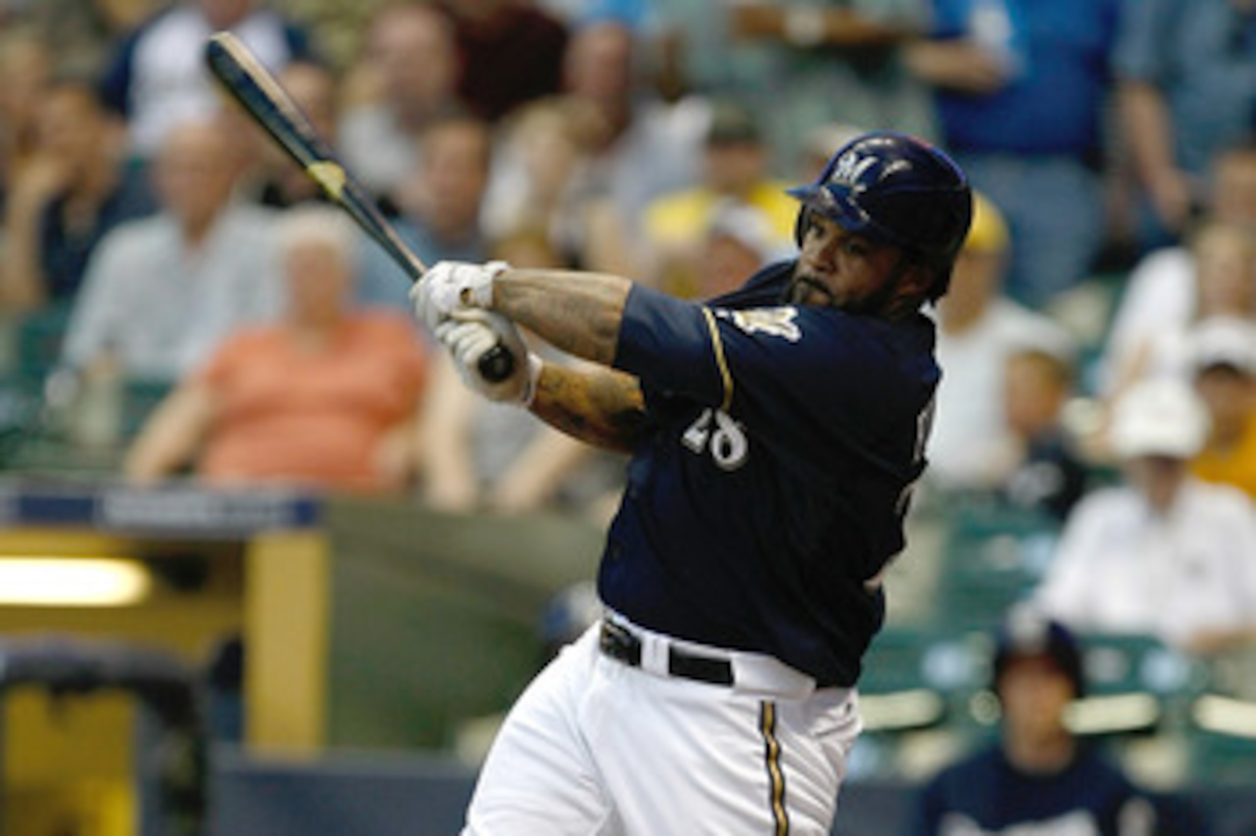 MILWAUKEE, WI - JUNE 7: Prince Fielder #28 of the Milwaukee Brewers bats against the New York Mets at Miller Park on June 7, 2011 in Milwaukee, Wisconsin. (Photo by Scott Boehm/Getty Images)