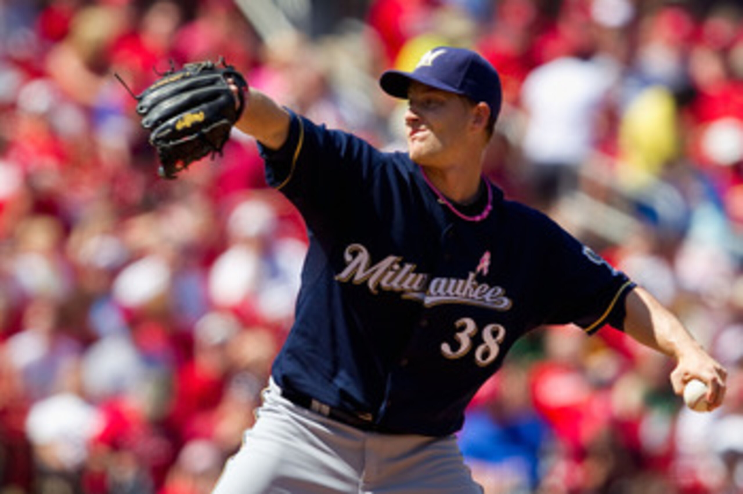 ST. LOUIS, MO - MAY 8: Starter Chris Narveson #38 of the Milwaukee Brewers pitches against the St. Louis Cardinals at Busch Stadium on May 8, 2011 in St. Louis, Missouri.  (Photo by Dilip Vishwanat/Getty Images)