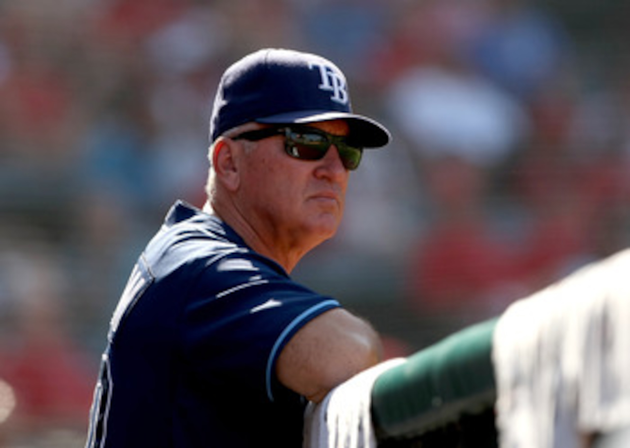 ANAHEIM, CA - AUGUST 12:  Manager Joe Maddon of the Tampa Bay Rays look on during the game with the Los Angeles Angels of Anaheim on August 12, 2009 at Angel Stadium in Anaheim, California.  The Angels won 10-5.  (Photo by Stephen Dunn/Getty Images)