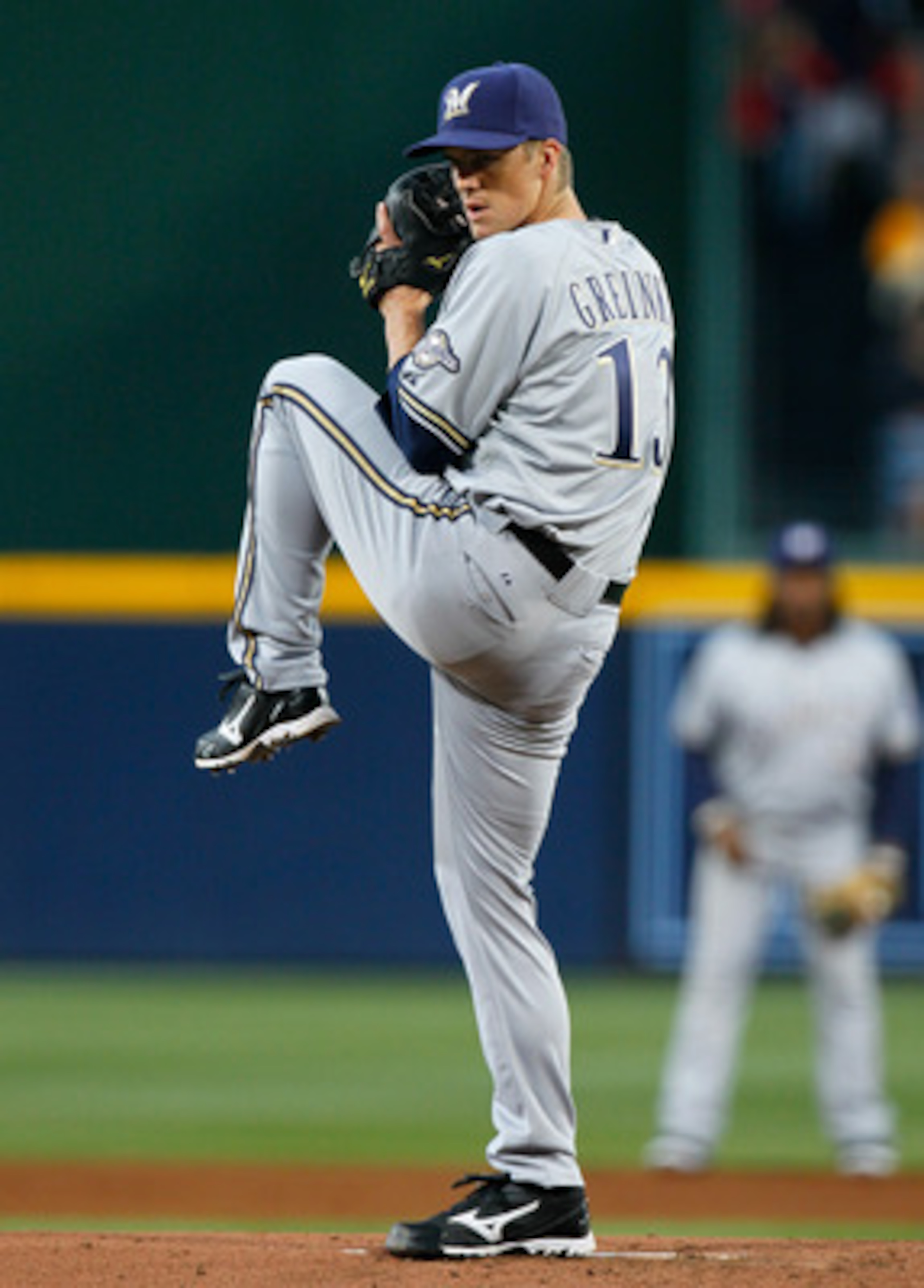 ATLANTA, GA - MAY 04:  Zack Greinke #13 of the Milwaukee Brewers pitches in the first inning against the Atlanta Braves at Turner Field on May 4, 2011 in Atlanta, Georgia.  (Photo by Kevin C. Cox/Getty Images)