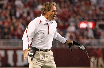 TUSCALOOSA, AL - OCTOBER 16:  Head coach Nick Saban of the Alabama Crimson Tide against the Ole Miss Rebels at Bryant-Denny Stadium on October 16, 2010 in Tuscaloosa, Alabama.  (Photo by Kevin C. Cox/Getty Images)