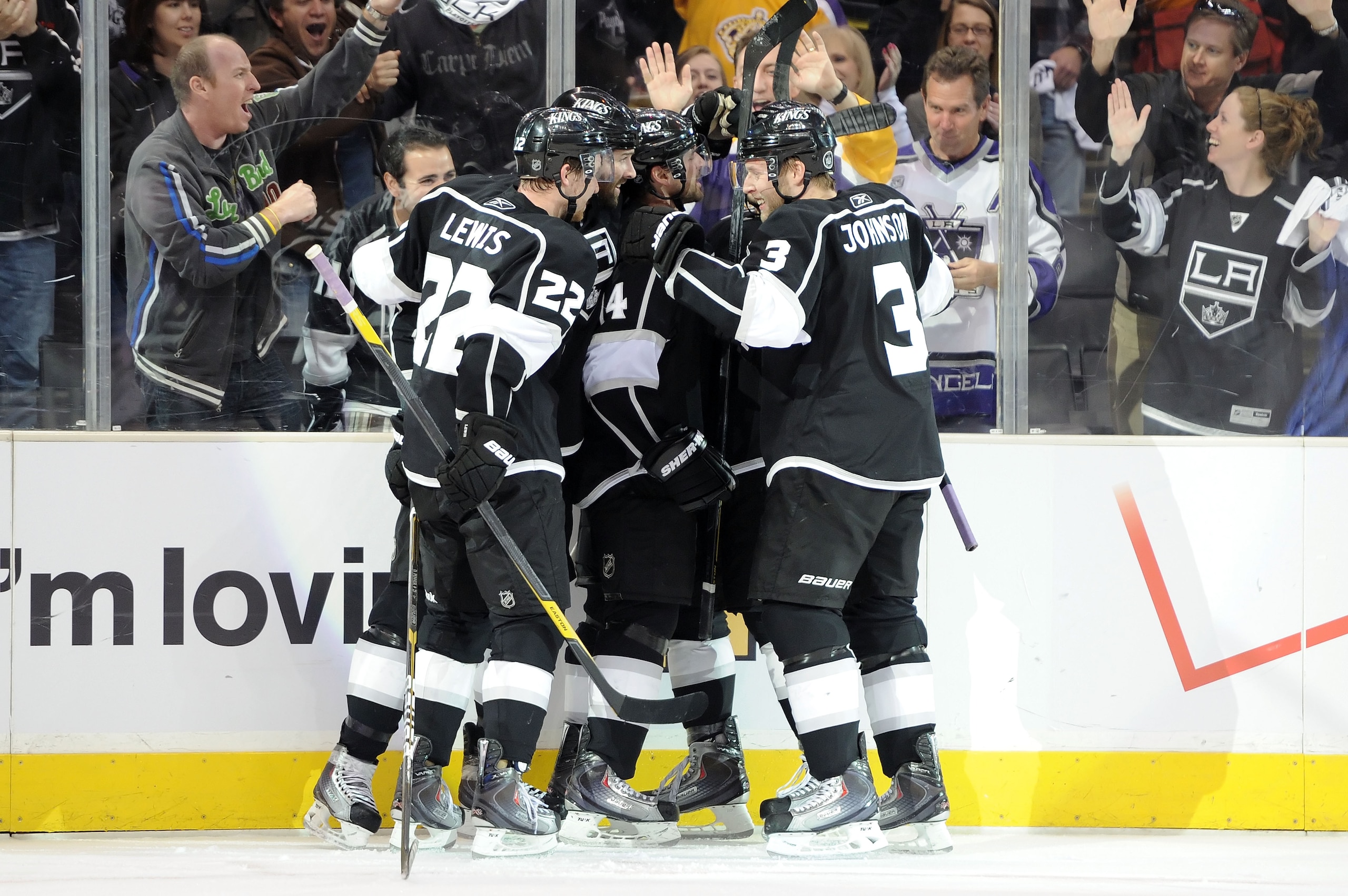 LOS ANGELES, CA - APRIL 25:  The Los Angeles Kings celebrate after a goal by Justin Williams #14 against the San Jose Sharks in the second period of game six of the Western Conference Quarterfinals during the 2011 NHL Stanley Cup Playoffs at Staples Cente