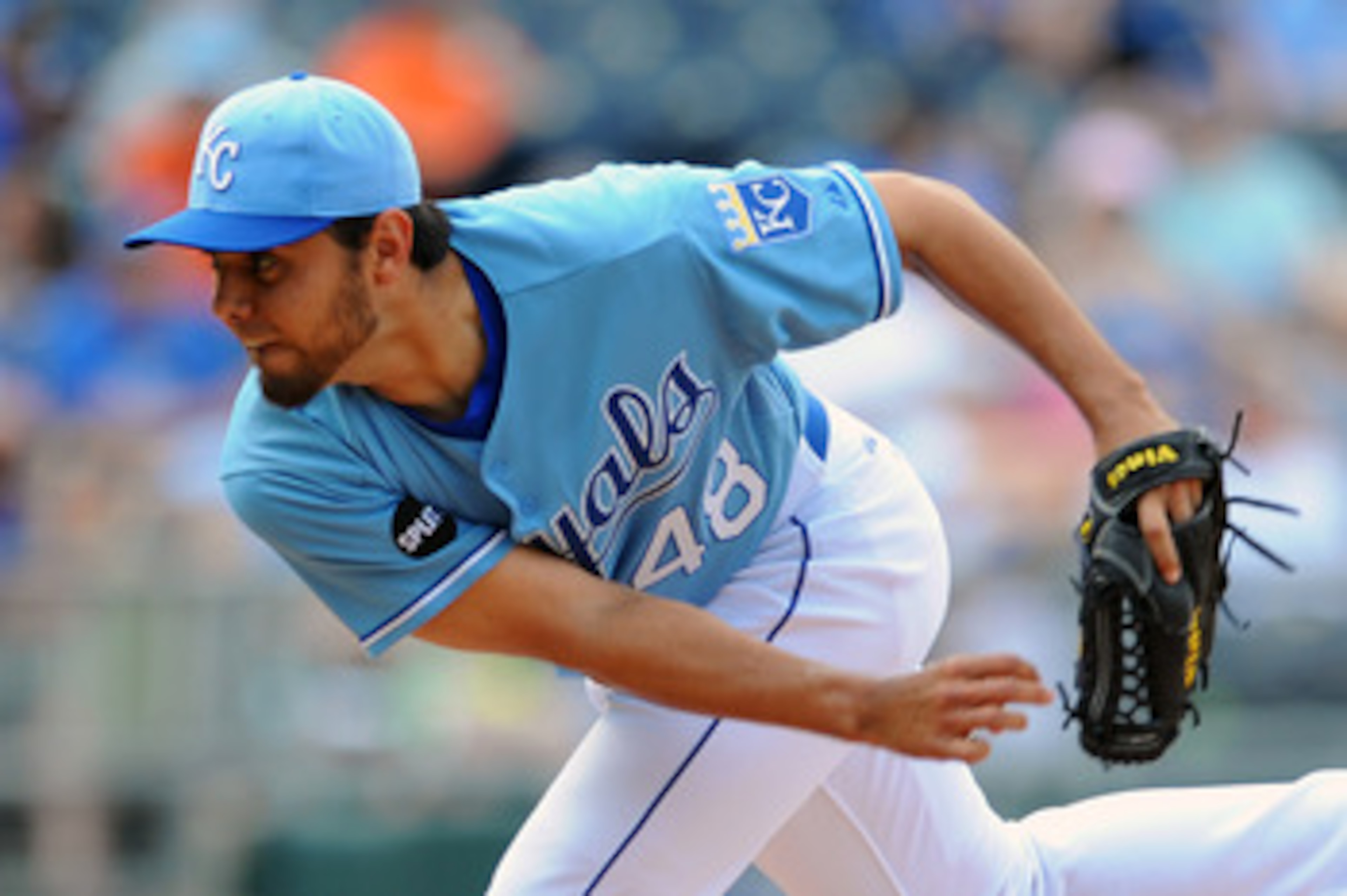 KANSAS CITY, MO - JUNE 9:  Joakim Soria #48 of the Kansas City Royals throws a pitch in the ninth inning against the Toronto Blue Jays at Kauffman Stadium on June 9, 2011 in Kansas City, Missouri. The Royals defeated the Blue Jays 3-2. (Photo by G. Newman