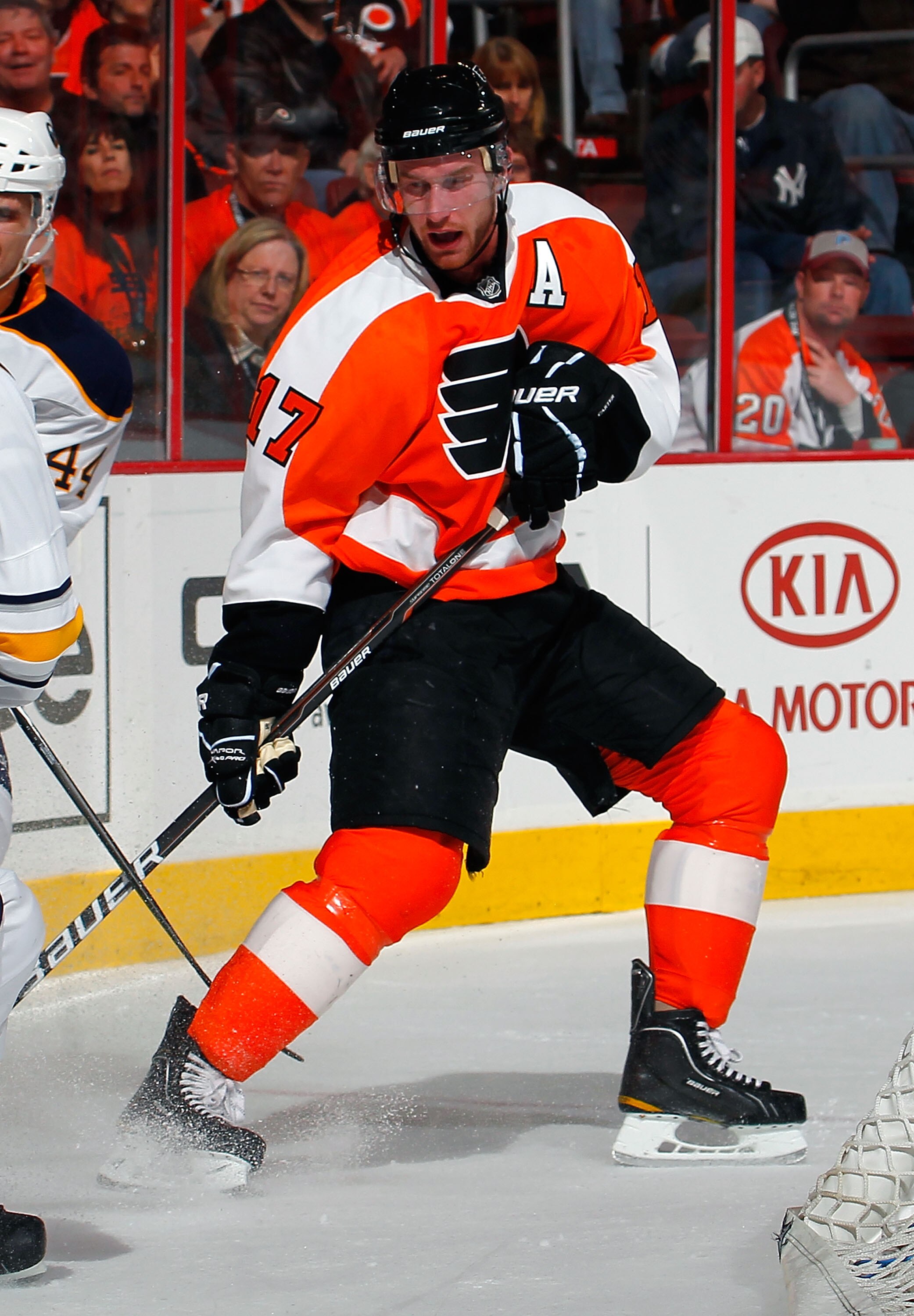 PHILADELPHIA, PA - APRIL 16:  Jeff Carter #17 of the Philadelphia Flyers skates in Game Two of the Eastern Conference Quarterfinals against the Buffalo Sabres during the 2011 NHL Stanley Cup Playoffs at Wells Fargo Center on April 16, 2011 in Philadelphia
