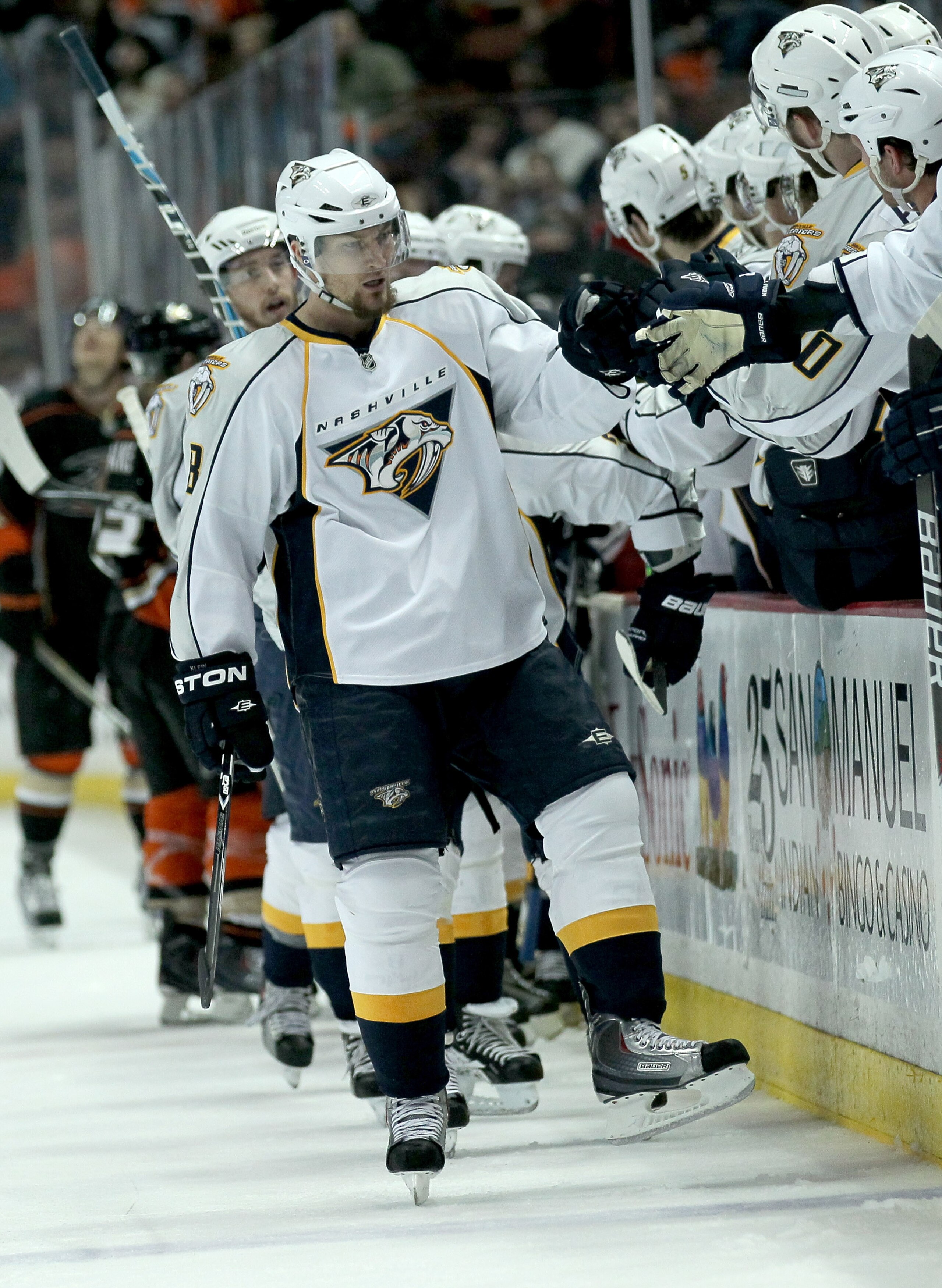 ANAHEIM - APRIL 22:  Kevin Klein #8 of the Nashville Predators celebrates with teammates after his first period goal against the Anaheim Ducks in Game Five of the Western Conference Quarterfinals during the 2011 NHL Stanley Cup Playoffs at Honda Center on