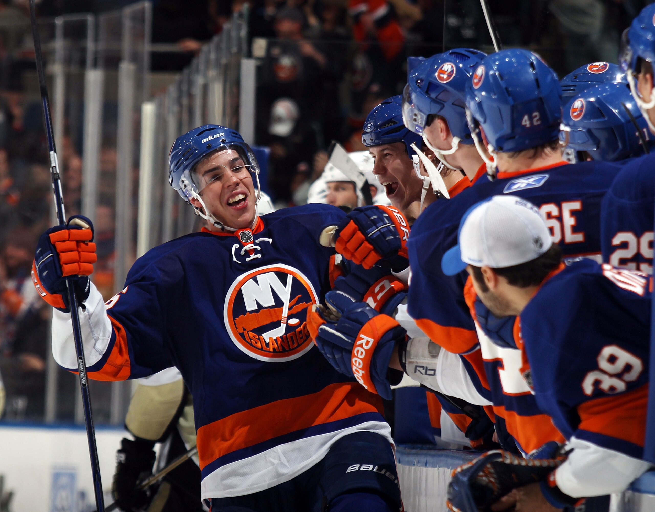 UNIONDALE, NY - APRIL 08: Travis Hamonic #36 of the New York Islanders celebrates his third period game tying goal against the Pittsburgh Penguins at the Nassau Coliseum on April 8, 2011 in Uniondale, New York. The Penguins defeated the Islanders 4-3 in t