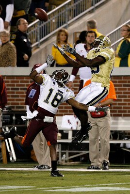 ATLANTA - NOVEMBER 1: Wide receiver James Johnson #89 of the Georgia Tech Yellow Jackets goes up for a first quarter reception over cornerback Brandon Flowers #18 of the Virginia Tech Hokies November 1, 2007 at Bobby Dodd Stadium at Historic Grant Field i