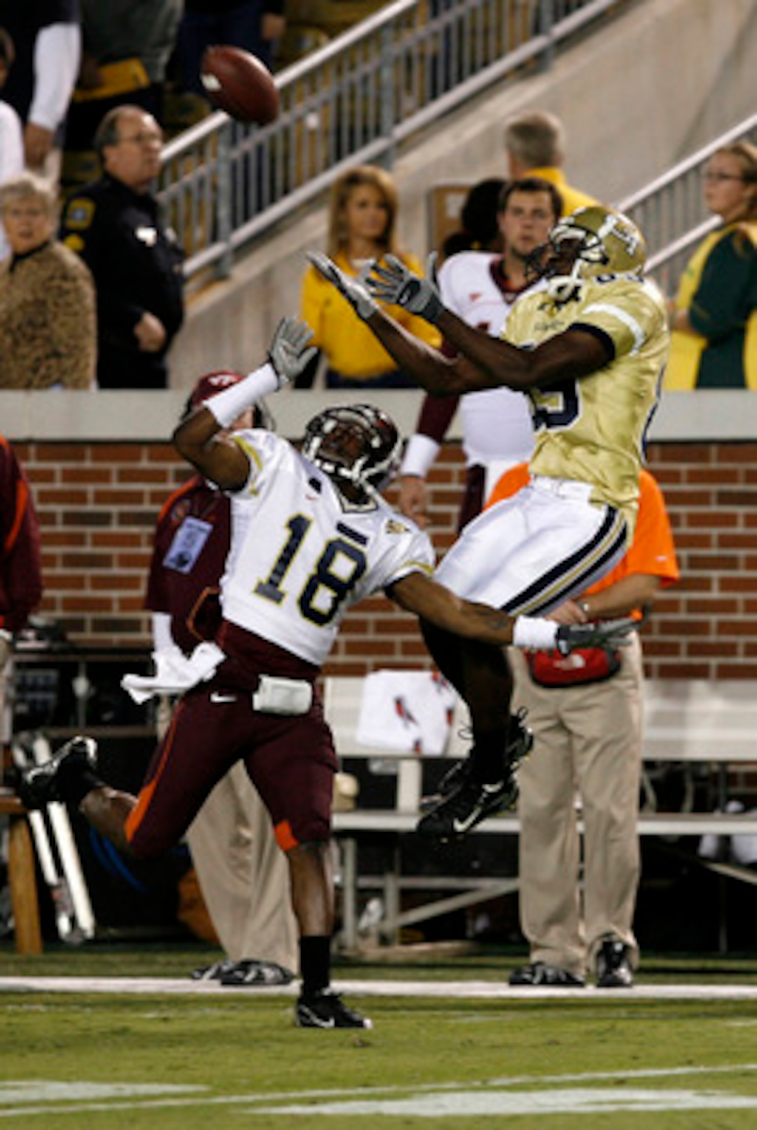 ATLANTA - NOVEMBER 1: Wide receiver James Johnson #89 of the Georgia Tech Yellow Jackets goes up for a first quarter reception over cornerback Brandon Flowers #18 of the Virginia Tech Hokies November 1, 2007 at Bobby Dodd Stadium at Historic Grant Field i ATLANTA - NOVEMBER 1: Wide receiver James Johnson #89 of the Georgia Tech Yellow Jackets goes up for a first quarter reception over cornerback Brandon Flowers #18 of the Virginia Tech Hokies November 1, 2007 at Bobby Dodd Stadium at Historic Grant Field i