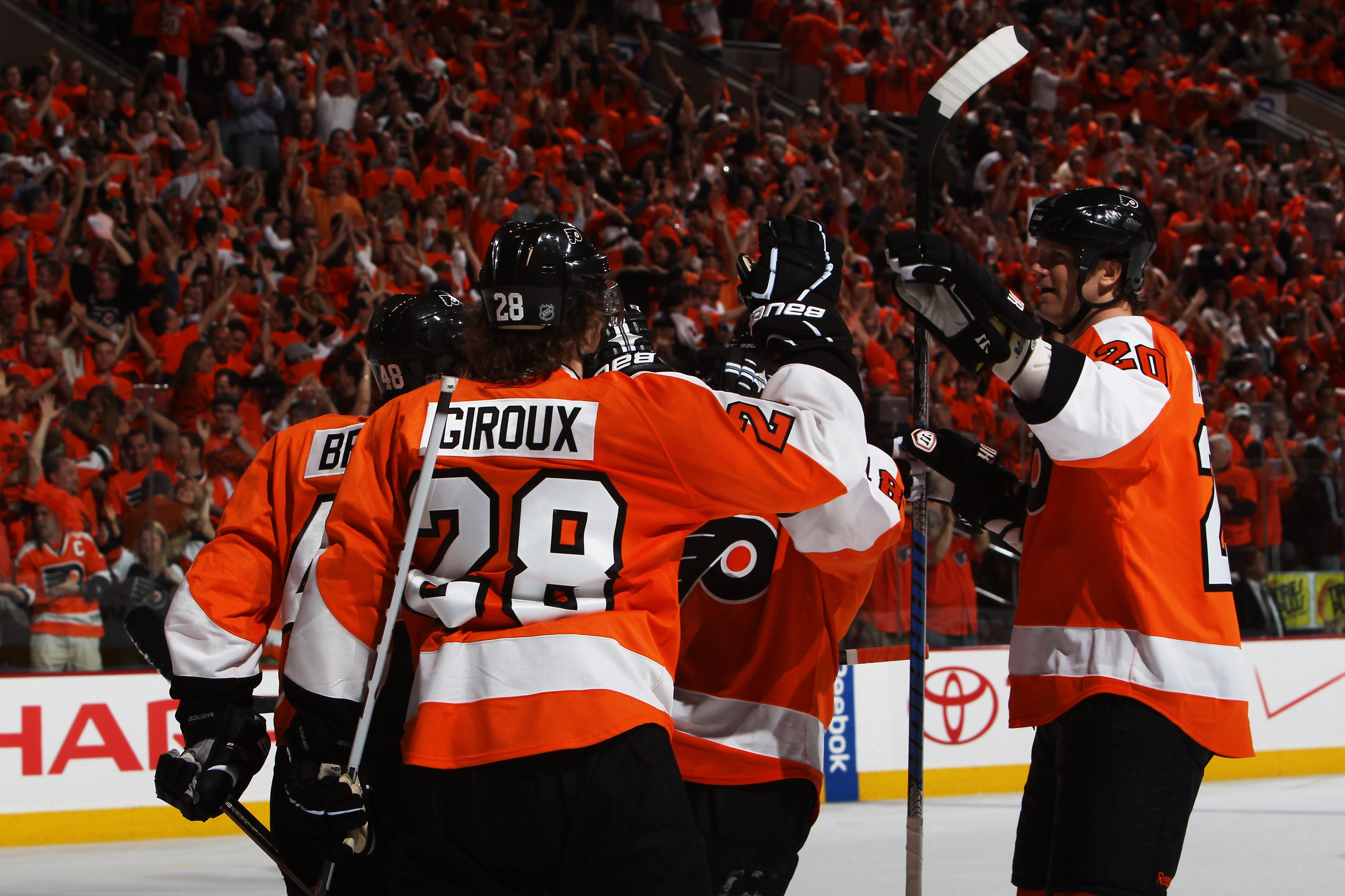 PHILADELPHIA, PA - APRIL 26: Claude Giroux #28 of the Philadelphia Flyers celebrates his goal during a second period power play in Game Seven of the Eastern Conference Quarterfinals during the 2011 NHL Stanley Cup Playoffs at Wells Fargo Center on April 2