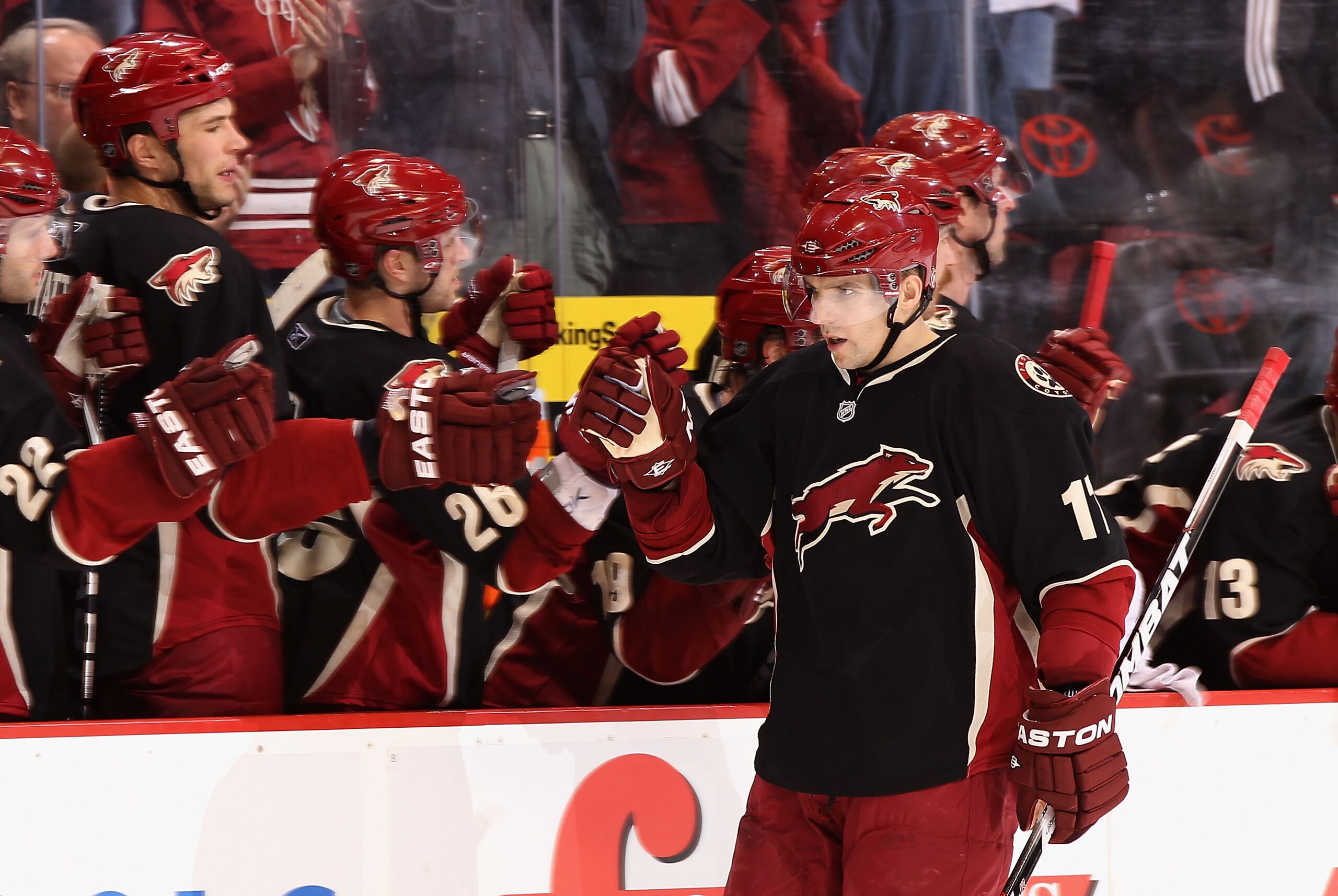 GLENDALE, AZ - MARCH 29:  Radim Vrbata #17 of the Phoenix Coyotes celebrates with teammates on the bench after scoring a shoot out goal during the NHL game against the Dallas Stars at Jobing.com Arena on March 29, 2011 in Glendale, Arizona. The Coyotes de