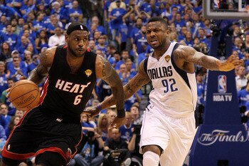 DALLAS, TX - JUNE 09:  LeBron James #6 of the Miami Heat drives against DeShawn Stevenson #92 of the Dallas Mavericks in Game Five of the 2011 NBA Finals at American Airlines Center on June 9, 2011 in Dallas, Texas.  NOTE TO USER: User expressly acknowled