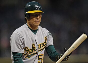 CHICAGO, IL - JUNE 09: Hideki Matsui #55 of the Oakland Athletics reacts after striking out against Mark Buehrle of the Chicago White Sox at U.S. Cellular Field on June 9, 2011 in Chicago, Illinois.  The White Sox defeated the Athletics 9-4. (Photo by Jon