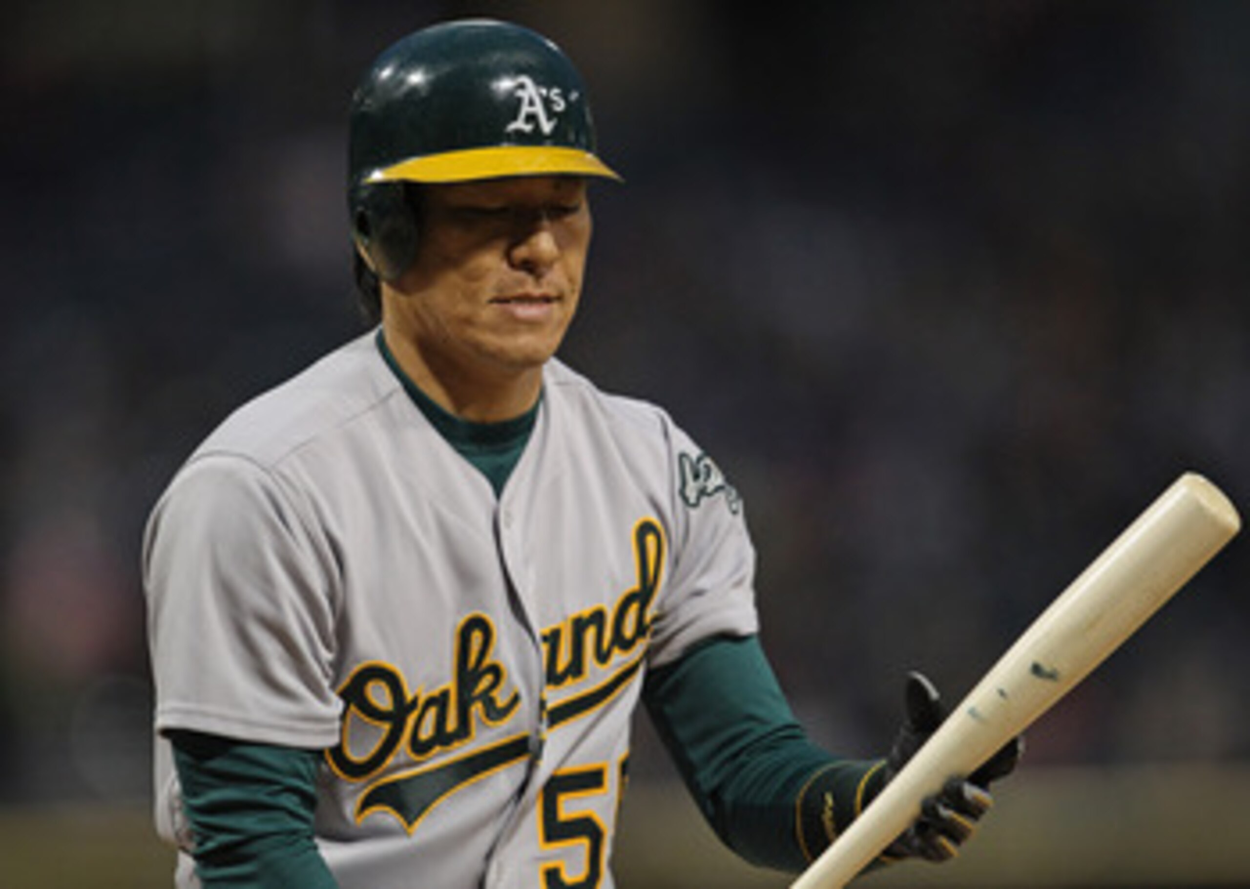 CHICAGO, IL - JUNE 09: Hideki Matsui #55 of the Oakland Athletics reacts after striking out against Mark Buehrle of the Chicago White Sox at U.S. Cellular Field on June 9, 2011 in Chicago, Illinois.  The White Sox defeated the Athletics 9-4. (Photo by Jon