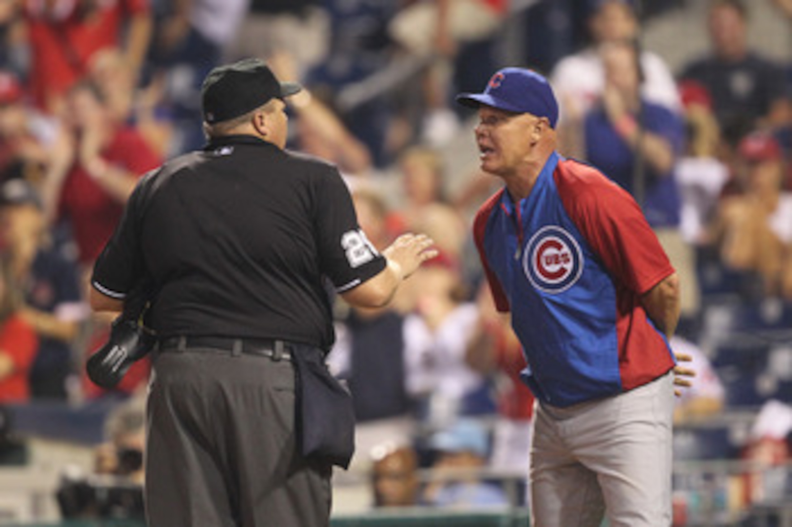 PHILADELPHIA - JUNE 9: Manager Mike Quade #8 of the Chicago Cubs argues a call that was ruled a ground rule double during a game against the Philadelphia Phillies at Citizens Bank Park on June 9, 2011 in Philadelphia, Pennsylvania. (Photo by Hunter Martin