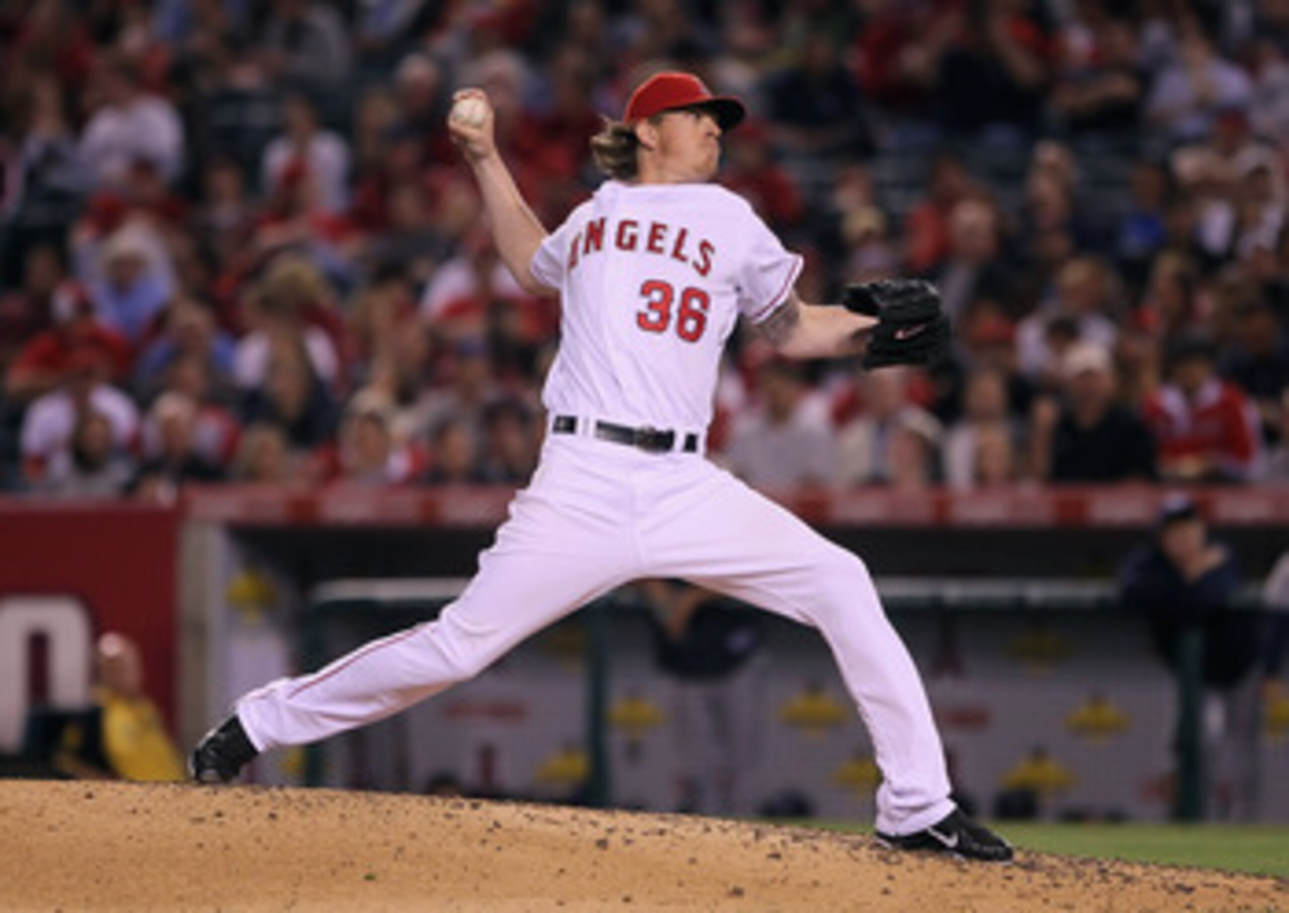 ANAHEIM, CA - JUNE 08:  Jered Weaver #36 of the Los Angeles Angels of Anaheim pitches against the Tampa Bay Rays in the sixth inning at Angel Stadium of Anaheim on June 8, 2011 in Anaheim, California.  The Rays defeated the Angels 4-3 in ten innings. (Pho