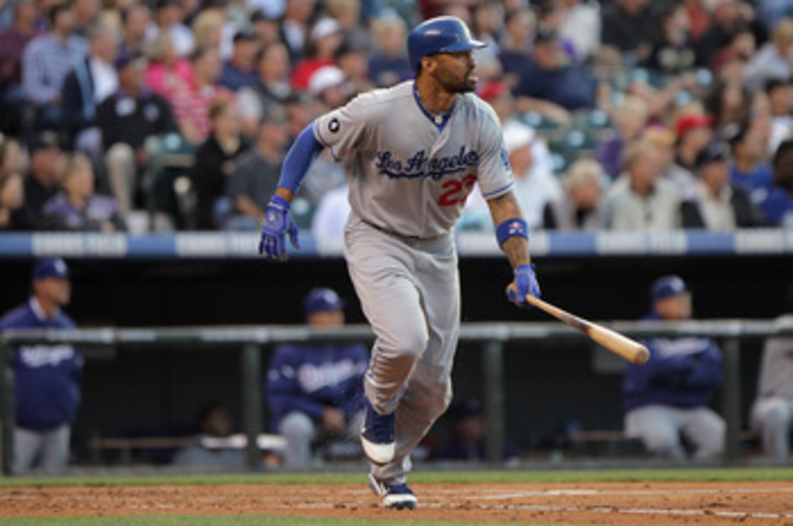DENVER, CO - JUNE 09:  Matt Kemp #27 of the Los Angeles Dodgers takes an at bat against the Colorado Rockies at Coors Field on June 9, 2011 in Denver, Colorado. Kemp had a double, triple and a homerun in the game as the Rockies defeated the Dodgers 9-7.  