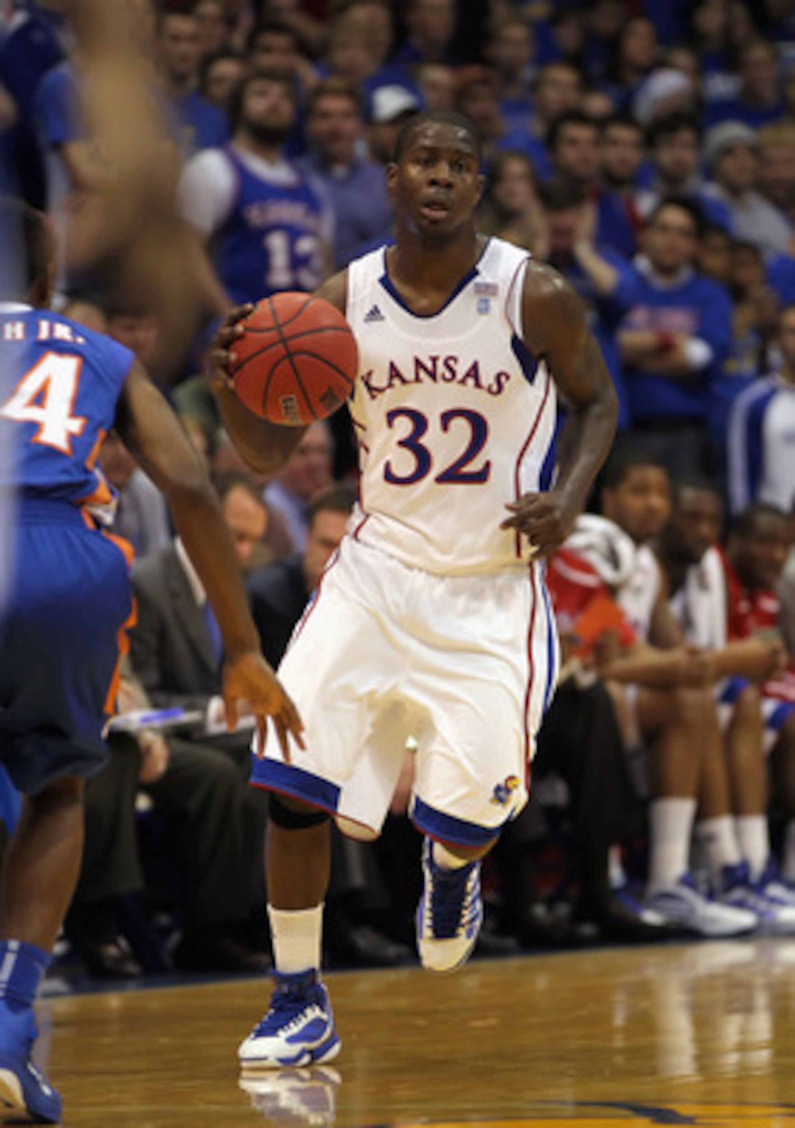 LAWRENCE, KS - DECEMBER 29:  Josh Selby #32 of the Kansas Jayhawks in action during the game against the University of Texas Arlington Mavericks on December 29, 2010 at Allen Fieldhouse in Lawrence, Kansas.  (Photo by Jamie Squire/Getty Images)