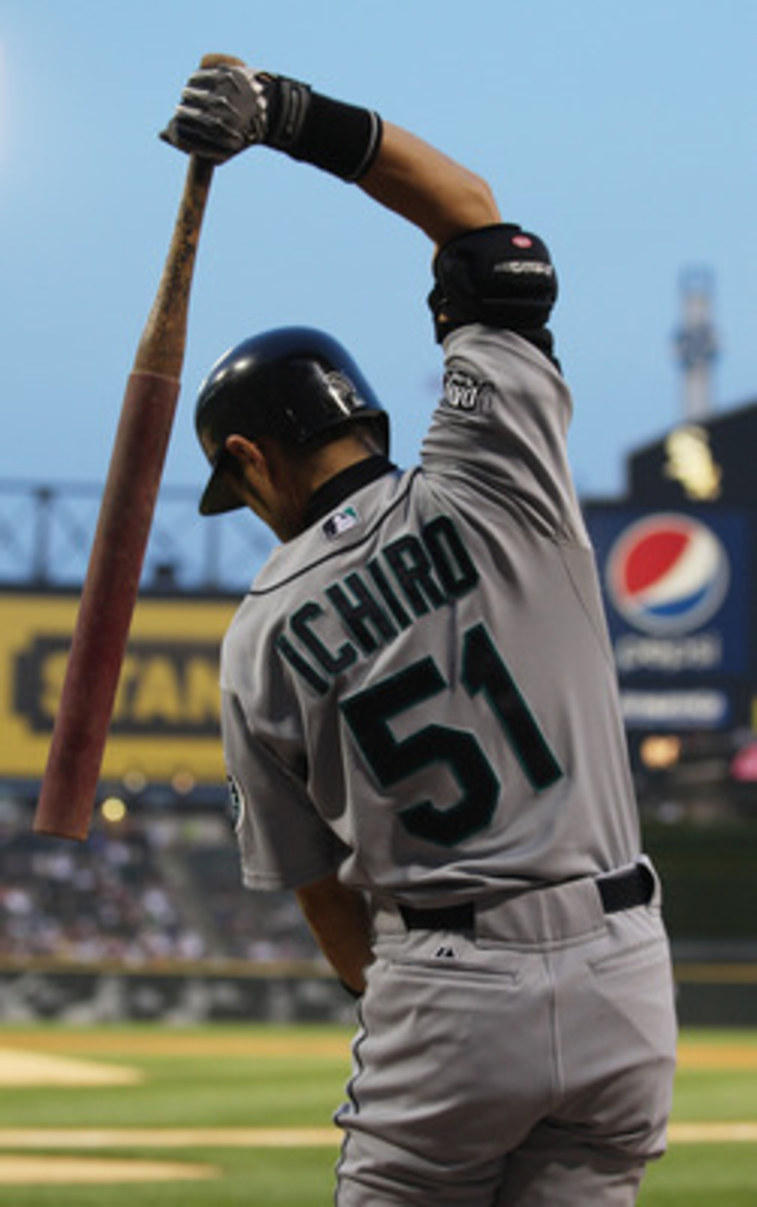 CHICAGO, IL - JUNE 08:  Ichiro Suzuki #51 of the Seattle Mariners warms-up in the batters box before hitting against the Chicago White Sox at U.S. Cellular Field on June 8, 2011 in Chicago, Illinois.  The Mariners defeated the White Sox 7-4 in 10 innings.