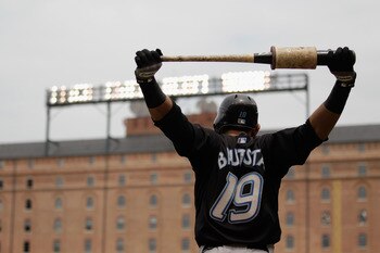 BALTIMORE, MD - JUNE 05:  Jose Bautista #19 of the Toronto Blue Jays waits to bat against the Baltimore Orioles at Oriole Park at Camden Yards on June 5, 2011 in Baltimore, Maryland.  (Photo by Rob Carr/Getty Images)