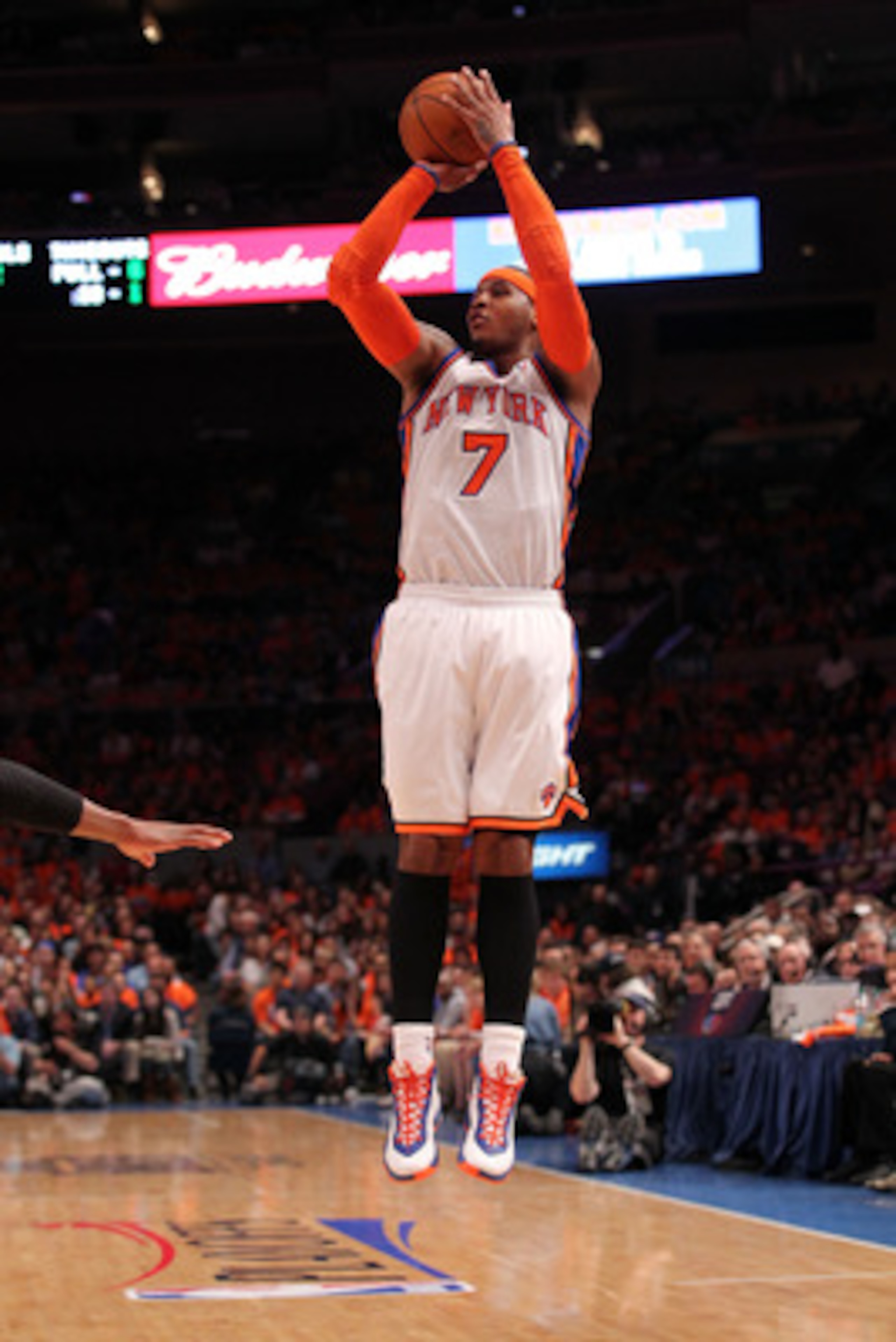 NEW YORK, NY - APRIL 24:  Carmelo Anthony #7 of the New York Knicks attempts a shot agaist the Boston Celtics in Game Four of the Eastern Conference Quarterfinals during the 2011 NBA Playoffs on April 24, 2011 at Madison Square Garden in New York City. Th