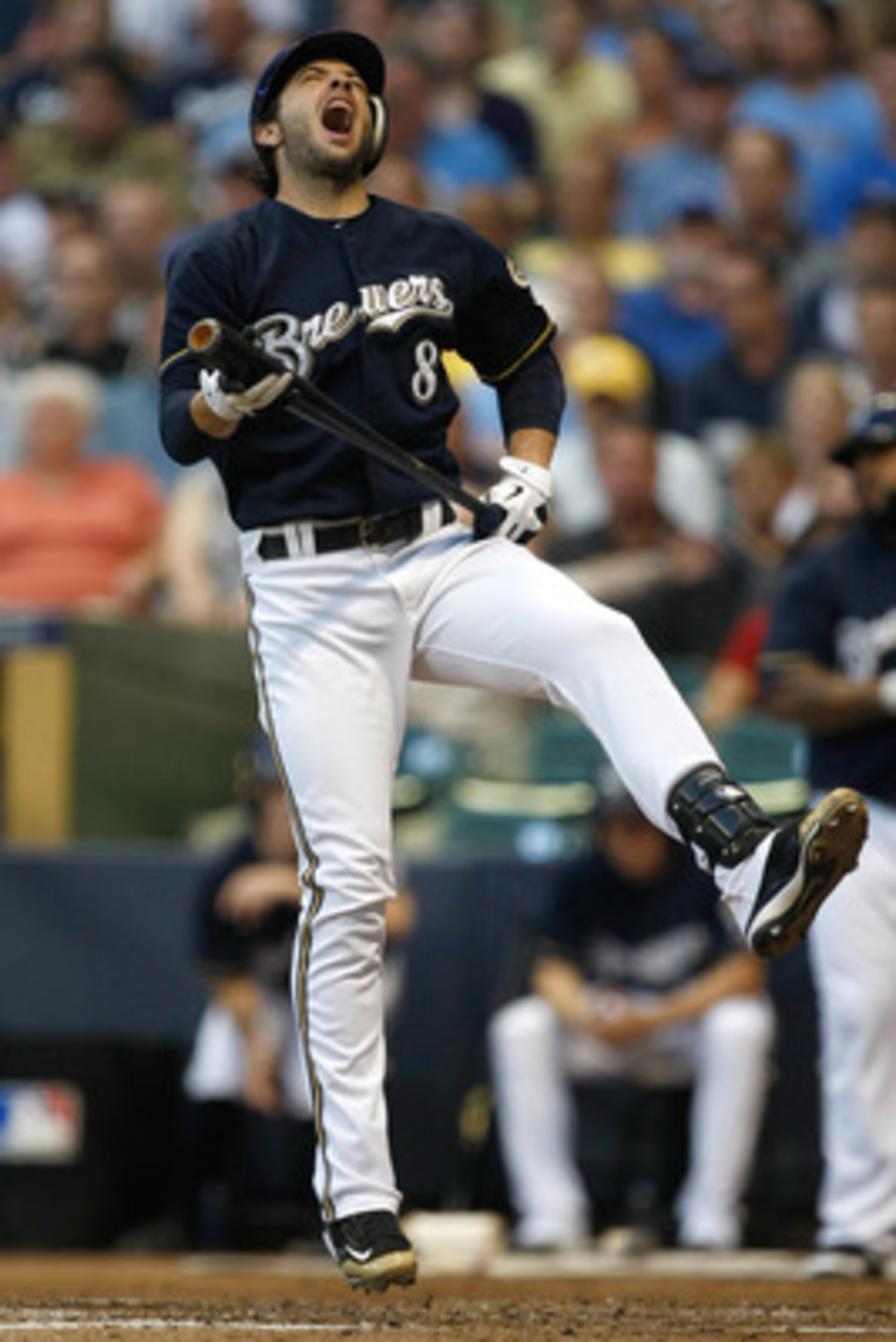 MILWAUKEE, WI - JUNE 7: Ryan Braun #8 of the Milwaukee Brewers screams after the baseball hits his shin during a game against the New York Mets at Miller Park on June 7, 2011 in Milwaukee, Wisconsin. (Photo by Scott Boehm/Getty Images)