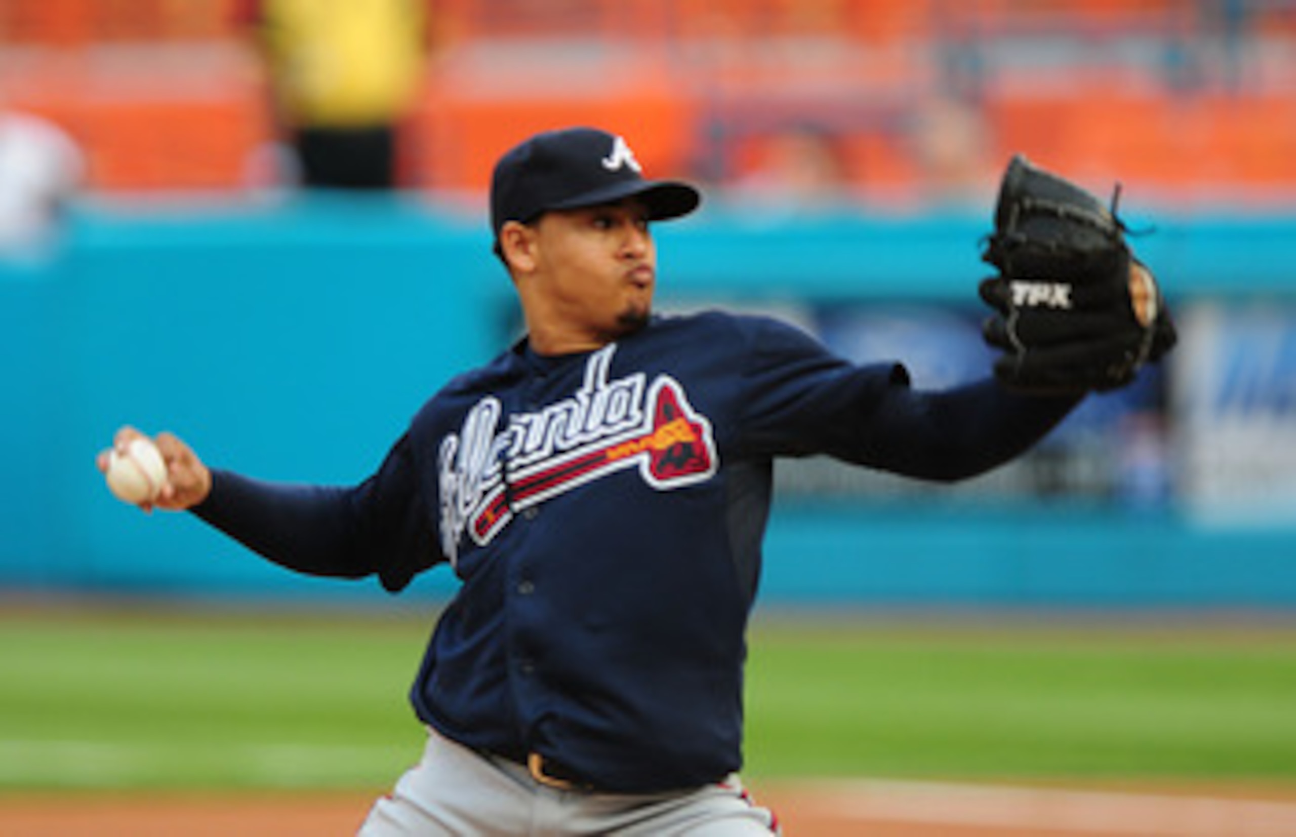 MIAMI GARDENS, FL - JUNE 09: Jair Jurrjens  # 49 of the Atlanta Braves pitches against the Florida Marlins at Sun Life Stadium on June 9, 2011 in Miami Gardens, Florida.  (Photo by Marc Serota/Getty Images)