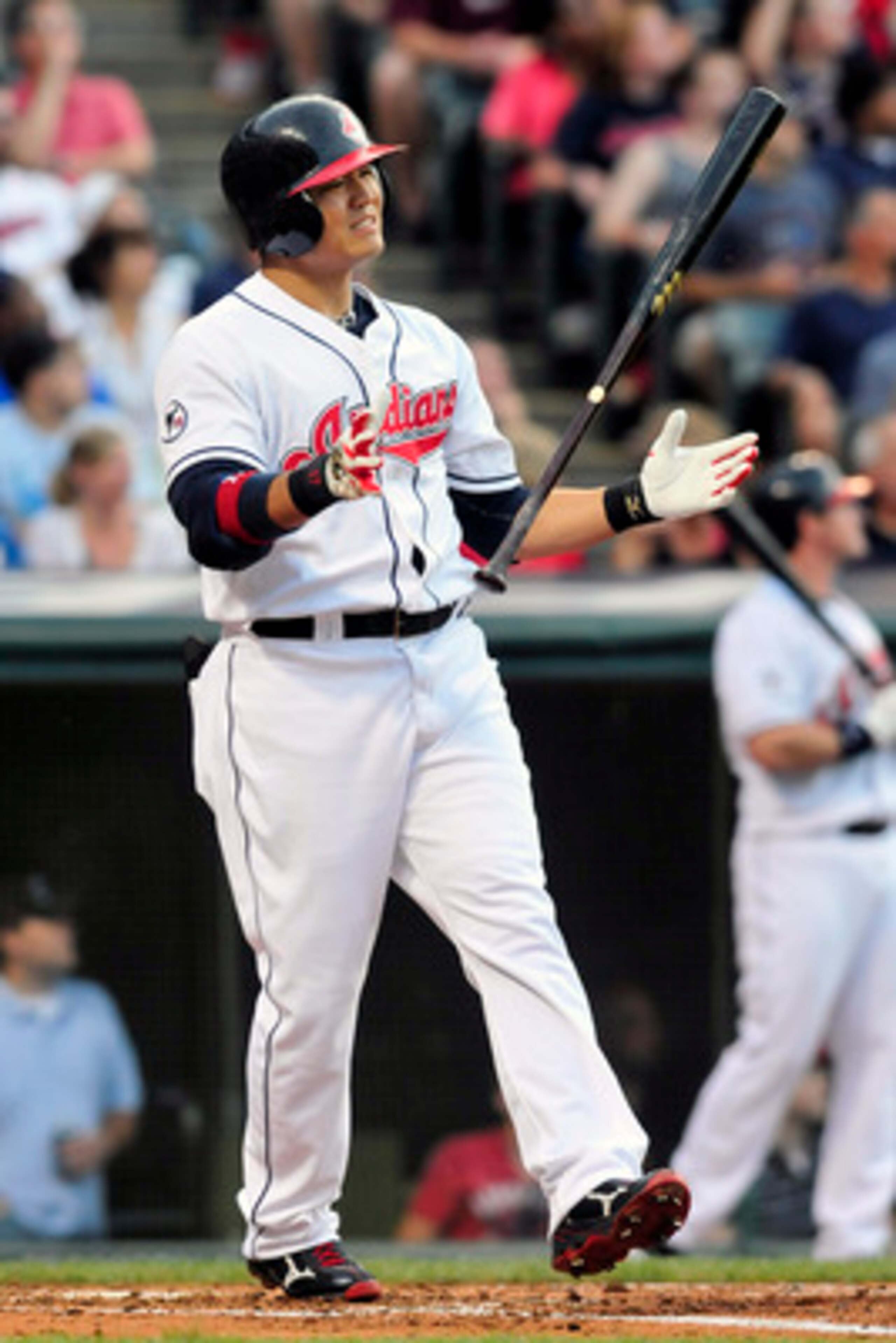 CLEVELAND, OH - JUNE 6: Shin-Soo Choo #17 of the Cleveland Indians reacts after striking out during the third inning against the Minnesota Twins at Progressive Field on June 6, 2011 in Cleveland, Ohio. The Twins defeated the Indians 6-4. (Photo by Jason M