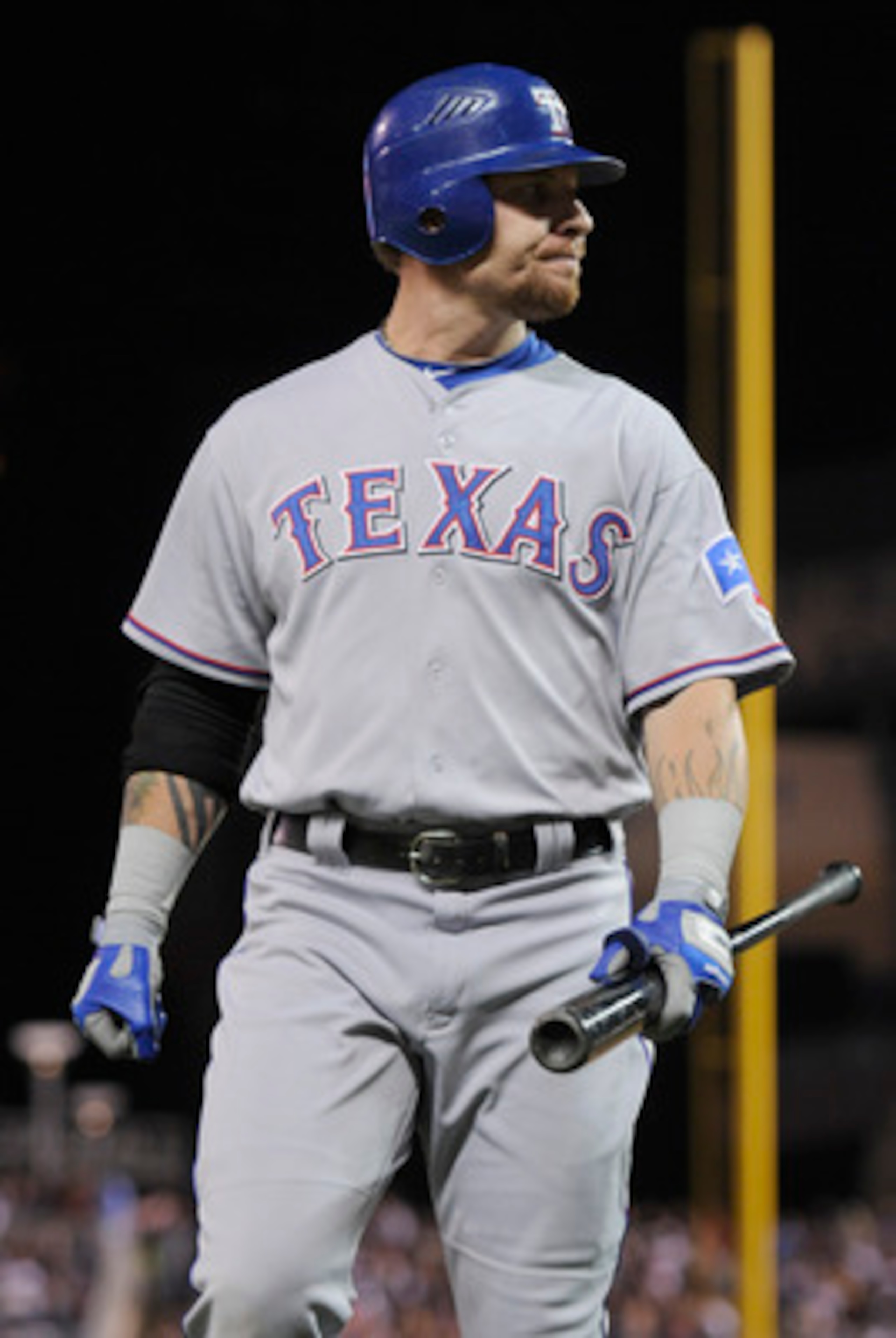 MINNEAPOLIS, MN - JUNE 9: Josh Hamilton #32 of the Texas Rangers reacts to striking out against the Minnesota Twins during the ninth inning of their game on June 9, 2011 at Target Field in Minneapolis, Minnesota. Twins defeated the Rangers 5-4. (Photo by 