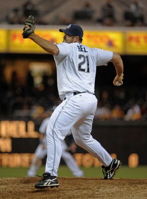 SAN DIEGO, CA-JUNE 3: Heath Bell #21 of the San Diego Padres pitches during the ninth inning of a baseball game against the Houston Astros at Petco Park on June 3, 2011 in San Diego, California.  (Photo by Denis Poroy/Getty Images)