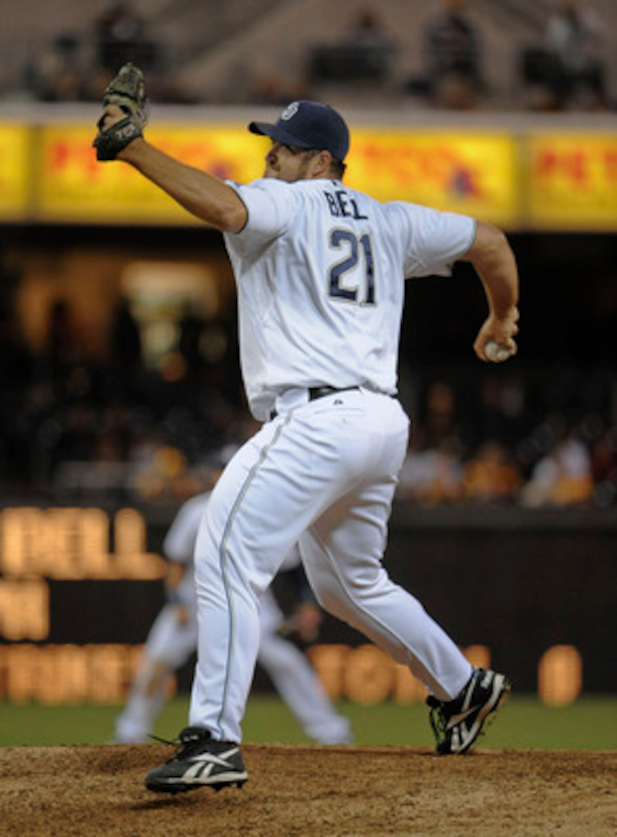 SAN DIEGO, CA-JUNE 3: Heath Bell #21 of the San Diego Padres pitches during the ninth inning of a baseball game against the Houston Astros at Petco Park on June 3, 2011 in San Diego, California.  (Photo by Denis Poroy/Getty Images)