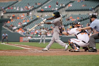 BALTIMORE, MD - JUNE 07: Jemile Weeks #19 of the Oakland Athletics at the plate against the Baltimore Orioles at Oriole Park at Camden Yards on June 7, 2011 in Baltimore, Maryland.  (Photo by Rob Carr/Getty Images)