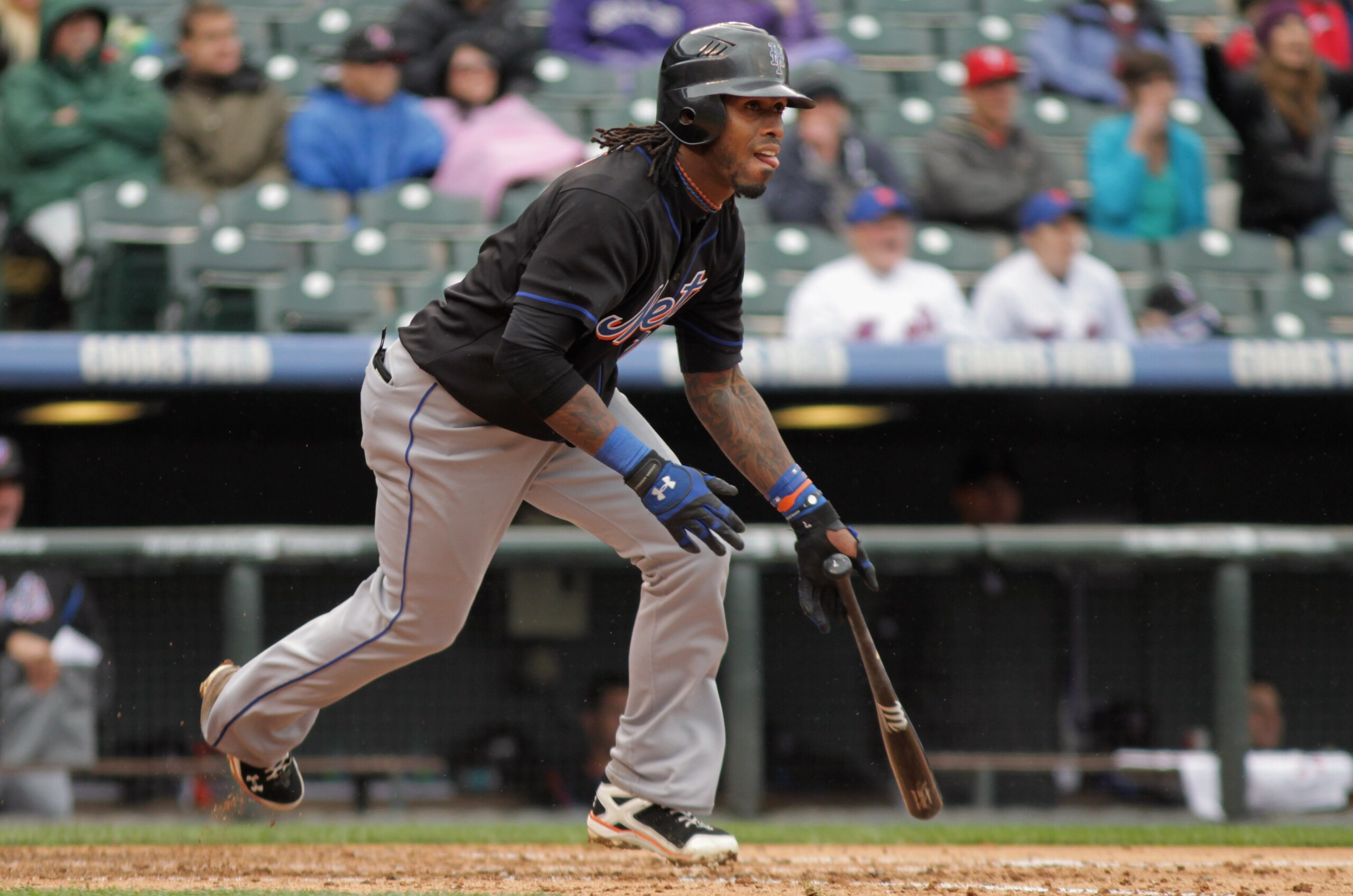 DENVER, CO - MAY 12:  Jose Reyes #7 of the New York Mets follows through on his two RBI single against the Colorado Rockies at Coors Field on May 12, 2011 in Denver, Colorado. The hit gave the Mets a 5-1 lead over the Rockies in the fourth inning.  (Photo